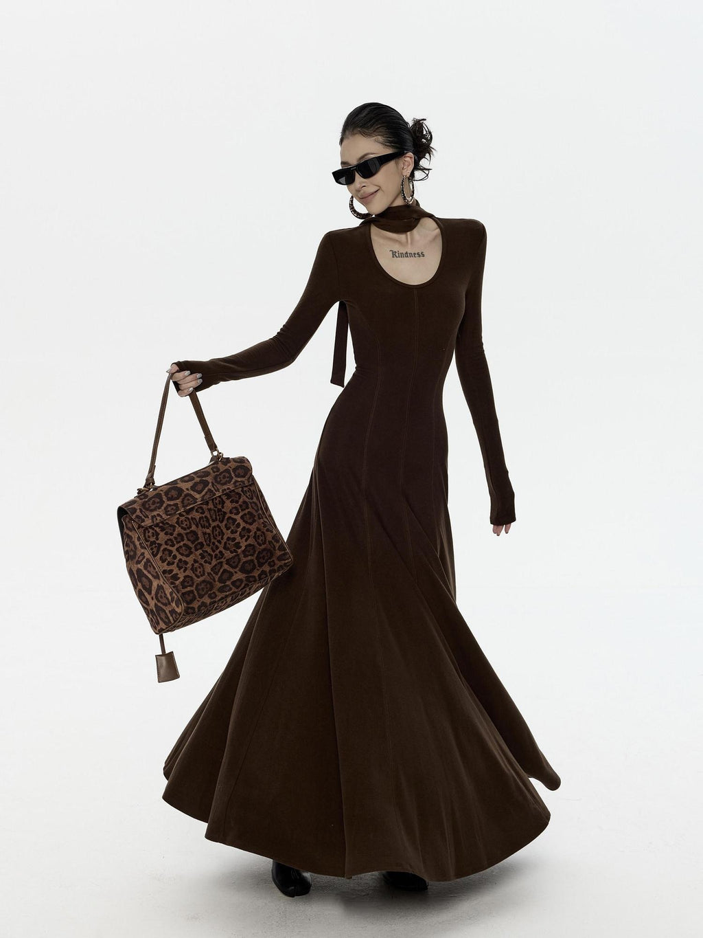 ZERO High Stretch Viscose Casual Flared Long Sleeve V-neck Women Maxi Dresses