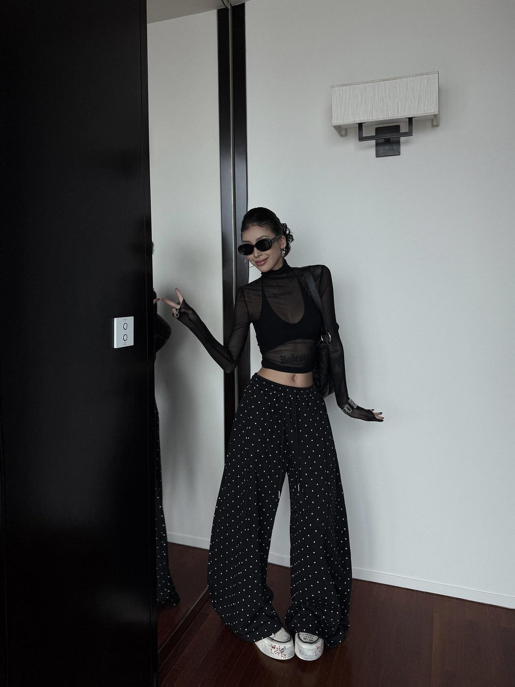 ZERO Polka Dot Cotton Knit Elastic Natural Waist Casual Women Everyday Wide Leg Pants