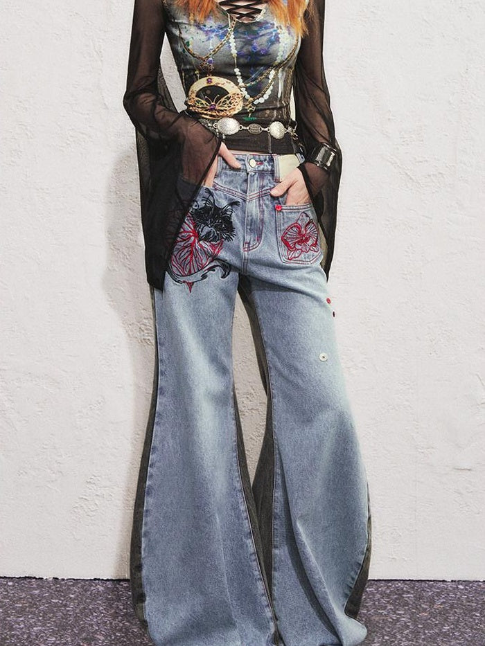 OfAkiva High Waist Vintage Embroidered Asymmetric Floral Cotton Women Wide Leg Jeans