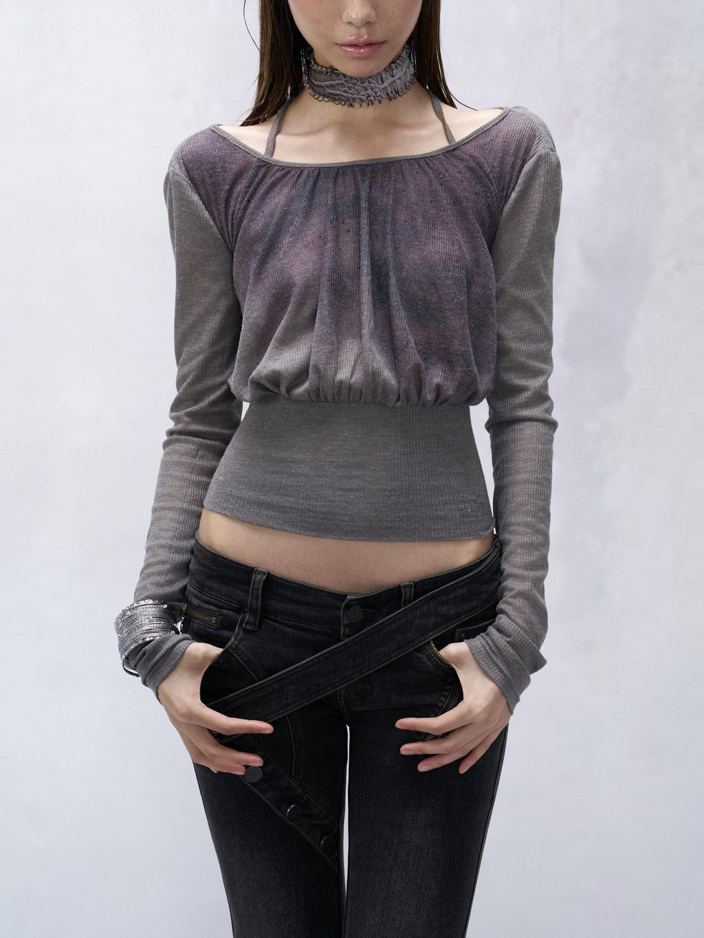 Flowers birds Market 100% Cotton Slim Cropped Striped Crew Neck Gray Printed Long Sleeve T-Shirts