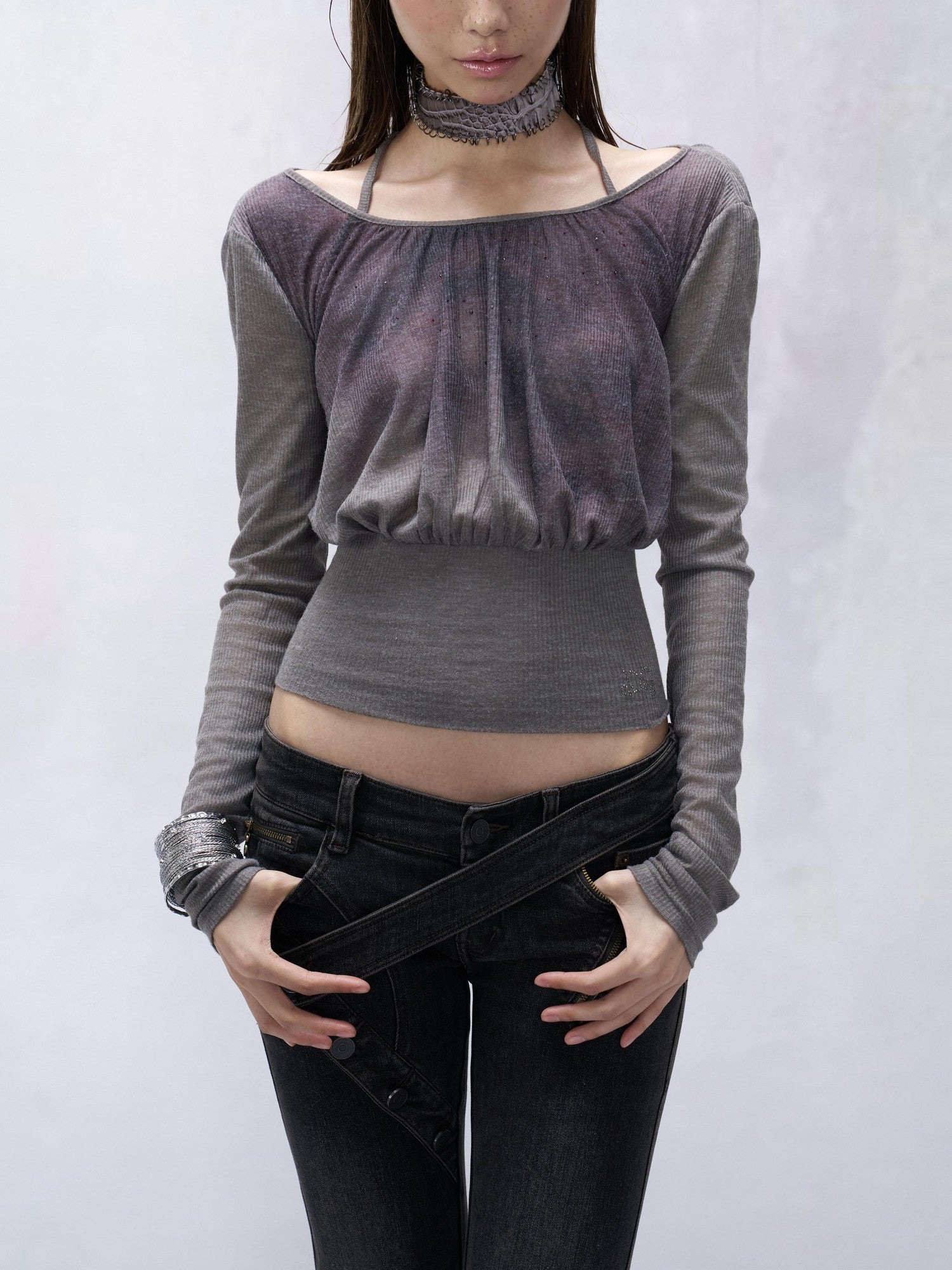 Flowers birds Market 100% Cotton Slim Cropped Striped Crew Neck Gray Printed Long Sleeve T-Shirts