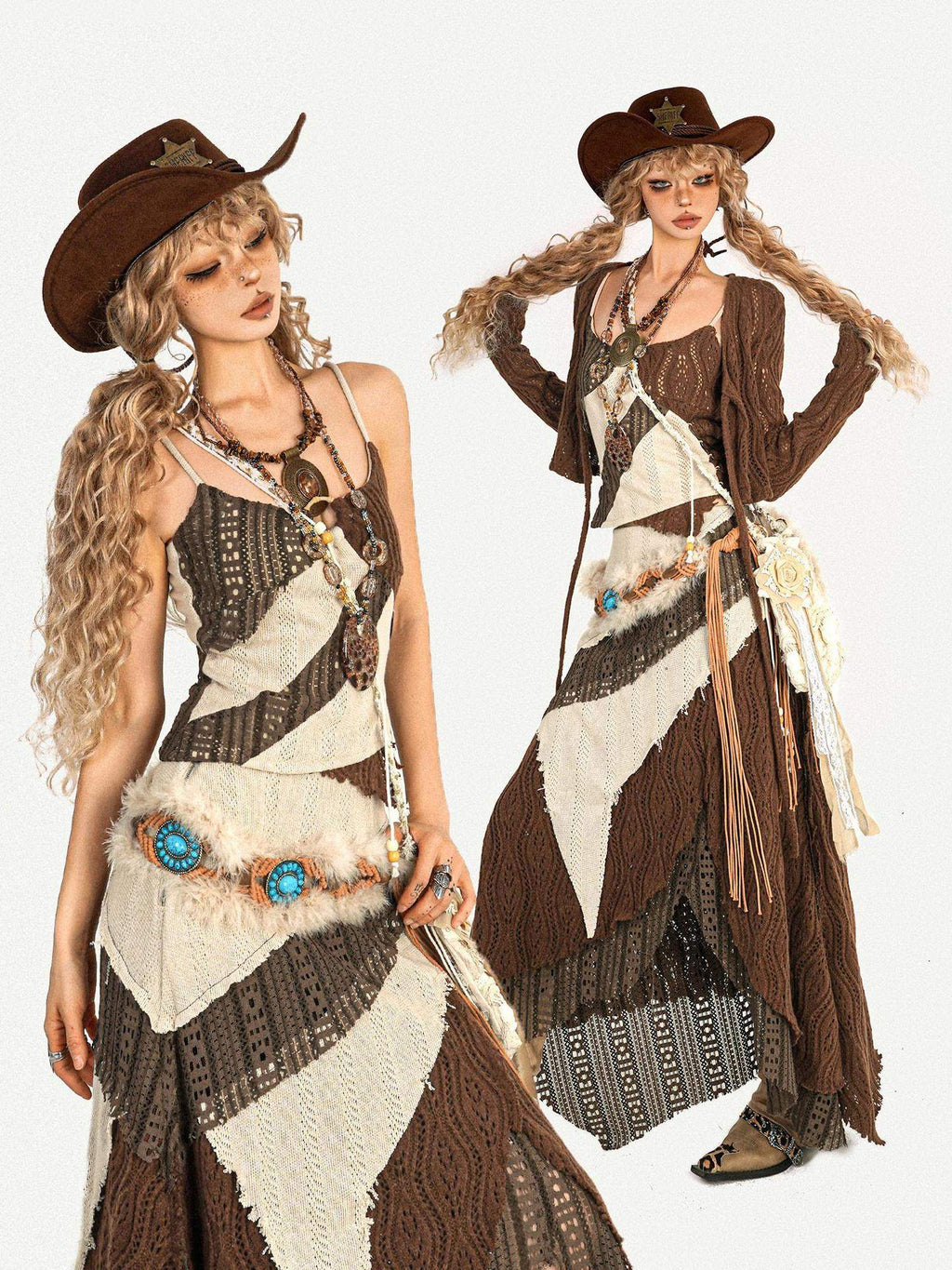 Nico Molly Fringed Knit Slim Fit Vintage Beige High Waist Casual Youth Top & Skirt Sets