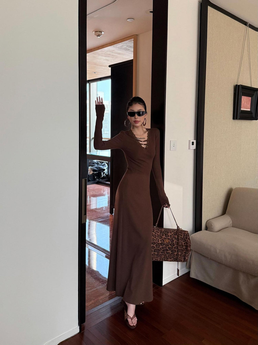 ZERO Slim V-neck Long Sleeve Patchwork Knit Mermaid Street Casual Women Maxi Dresses