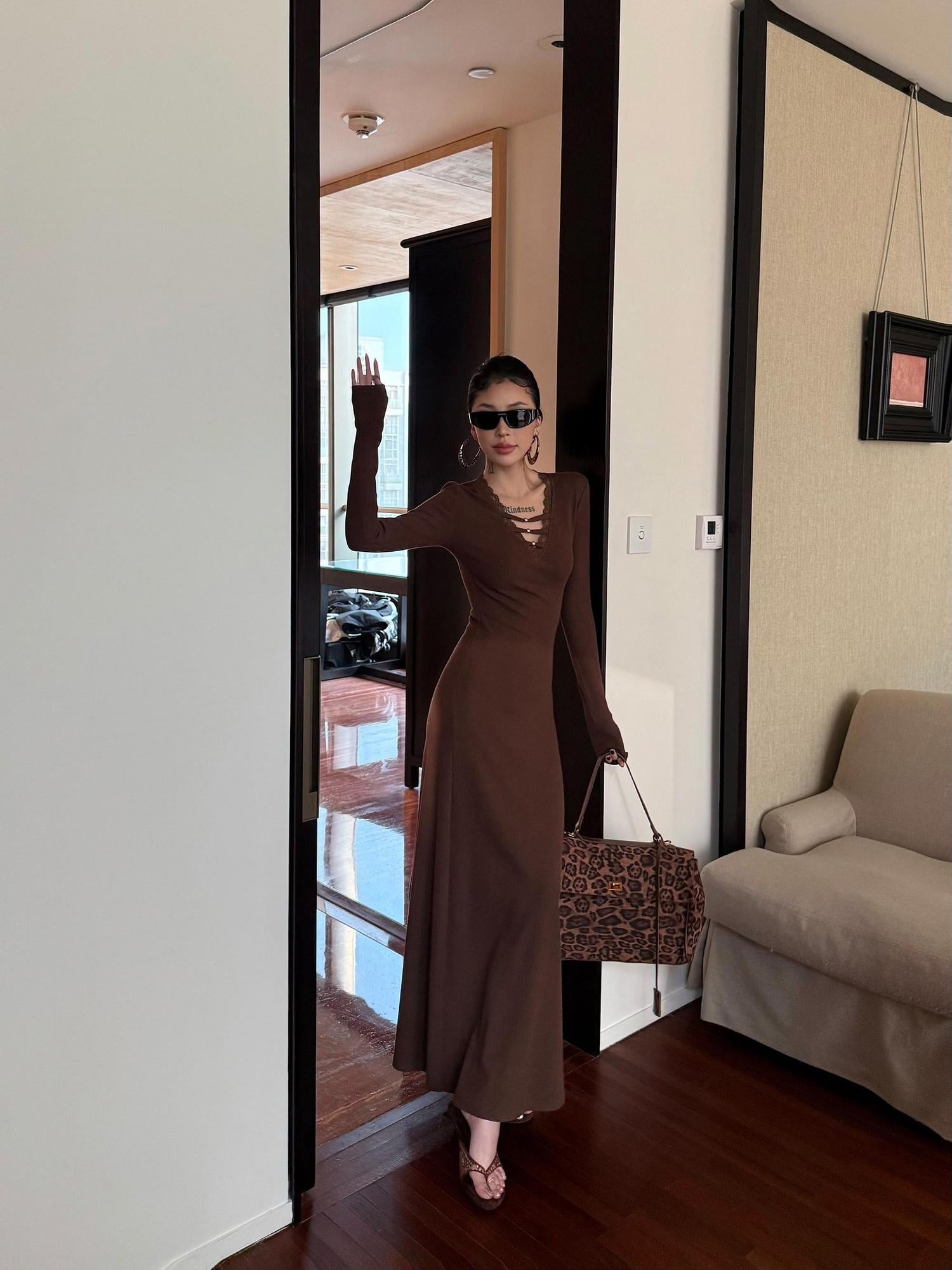 ZERO Slim V-neck Long Sleeve Patchwork Knit Mermaid Street Casual Women Maxi Dresses