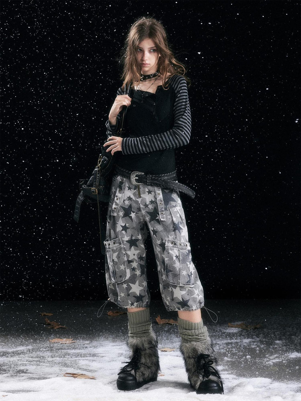 Cest Nous Distressed Grey Camo Cotton Tapered Button Fly Pockets Women Cargopants