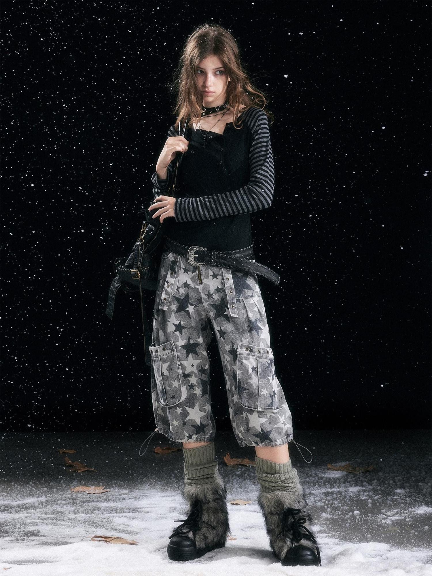 Cest Nous Distressed Grey Camo Cotton Tapered Button Fly Pockets Women Cargopants