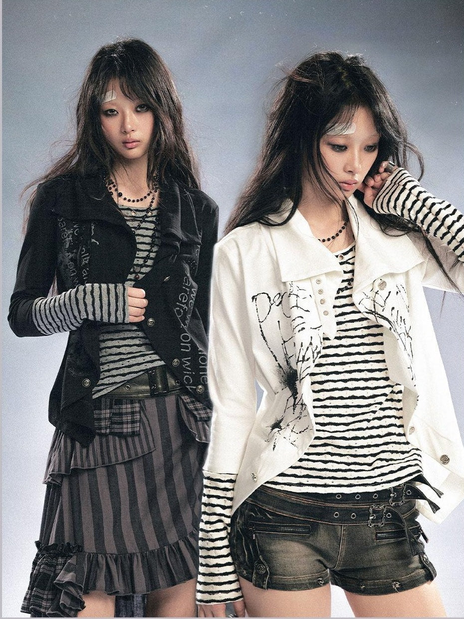 Cest Nous Stretch Cotton Punk Faux Layer Women Striped Pullover Black White Cardigans