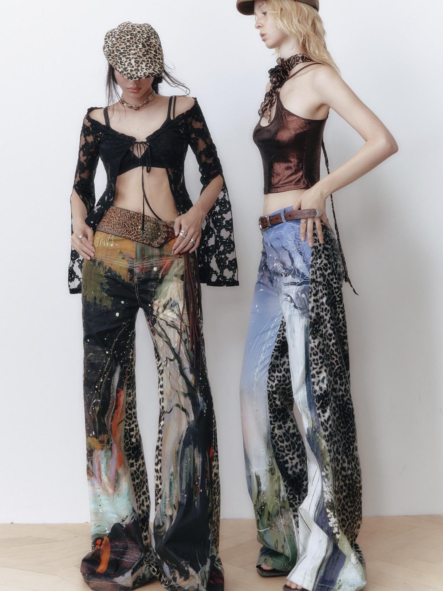 OfAkiva High Waist Leopard Patchwork Commuter Womens Straight Cut Flared Pants