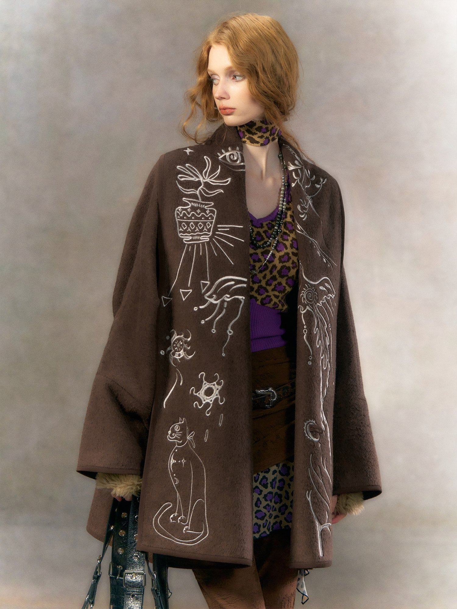OfAkiva Embroidered Double Faced Wool Elegant Loose Fit Women Brown Short Coat