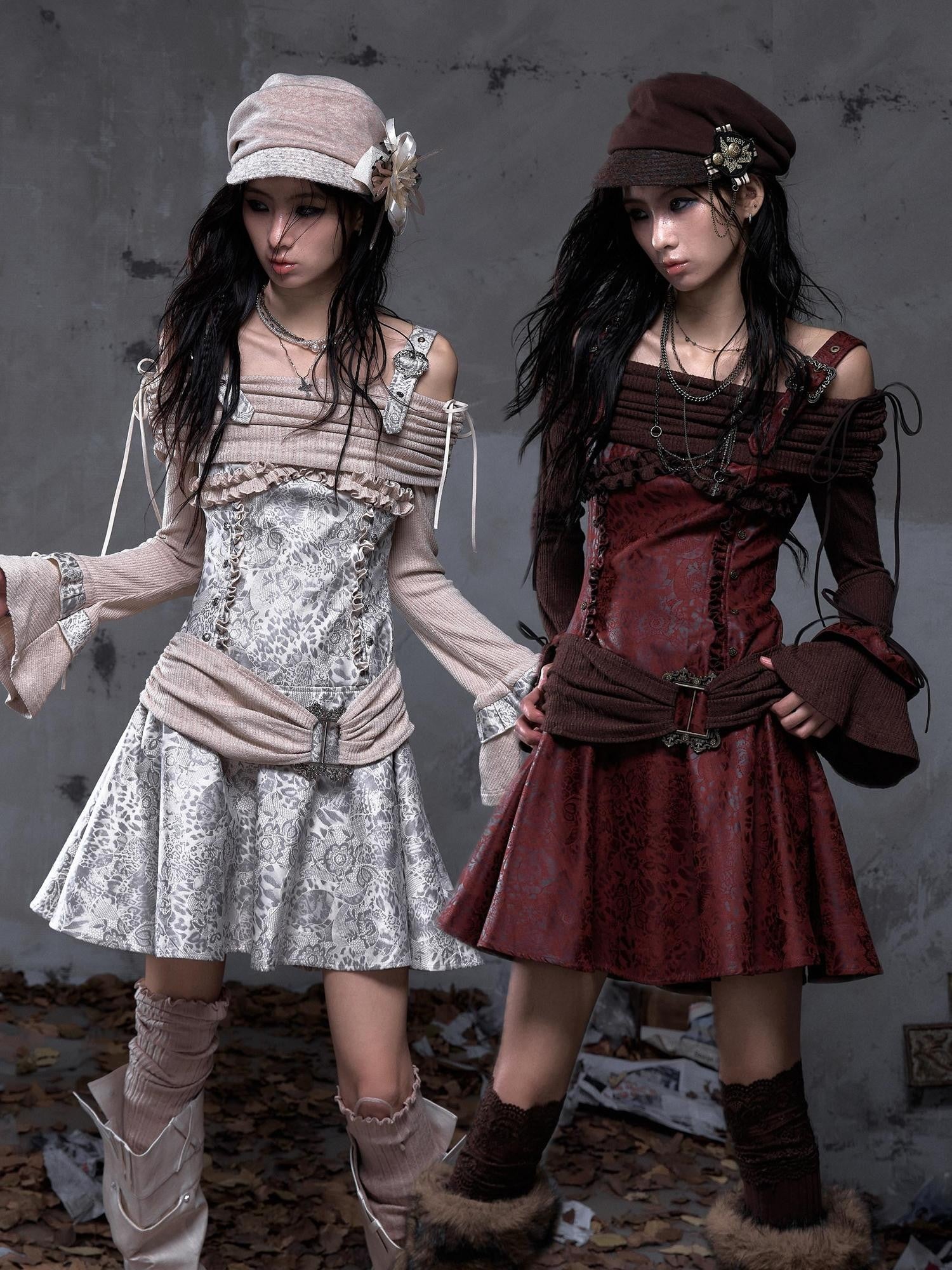 NO ROMANCE Punk Leather Trim One Shoulder Long Sleeve Aline Women'S Knit Mini Dresses