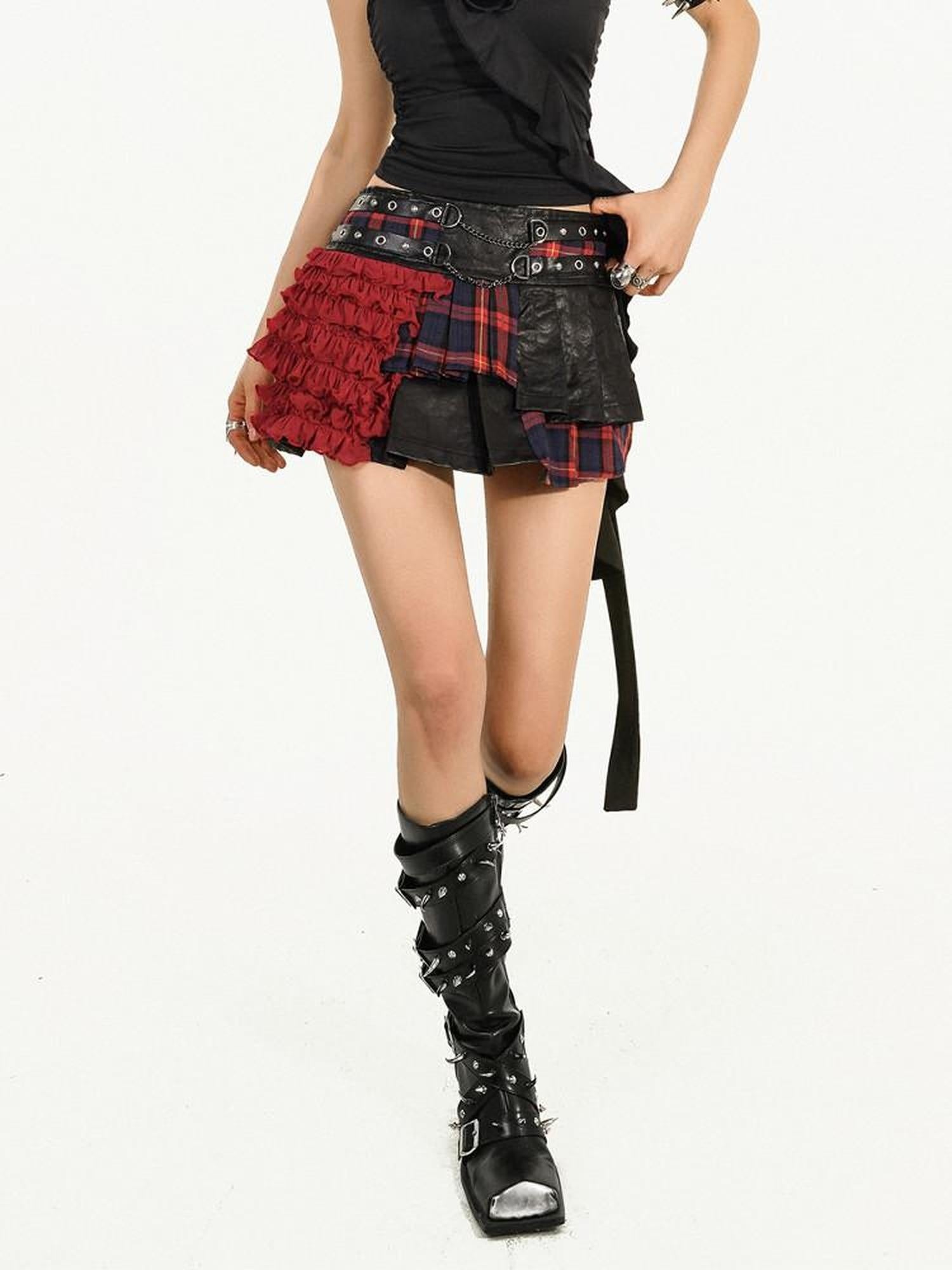 Nico Molly Edgy Punk Pleated Patchwork Zipper Mid Waist Women Citywalk Red Mini Skirts