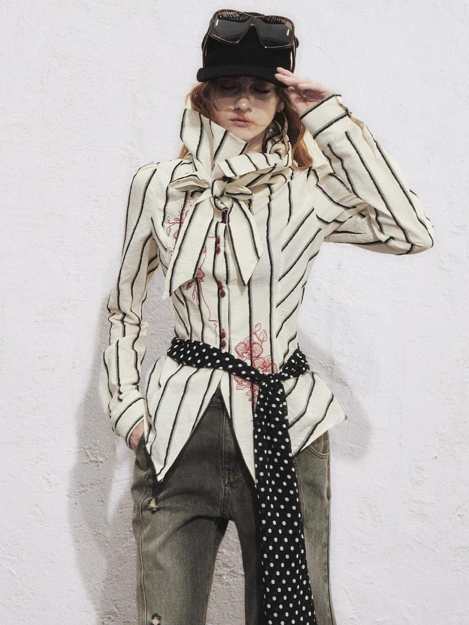 OfAkiva 100 Percent Cotton Breathable Slim Fit Puff Sleeve Striped Cardigan Blouses