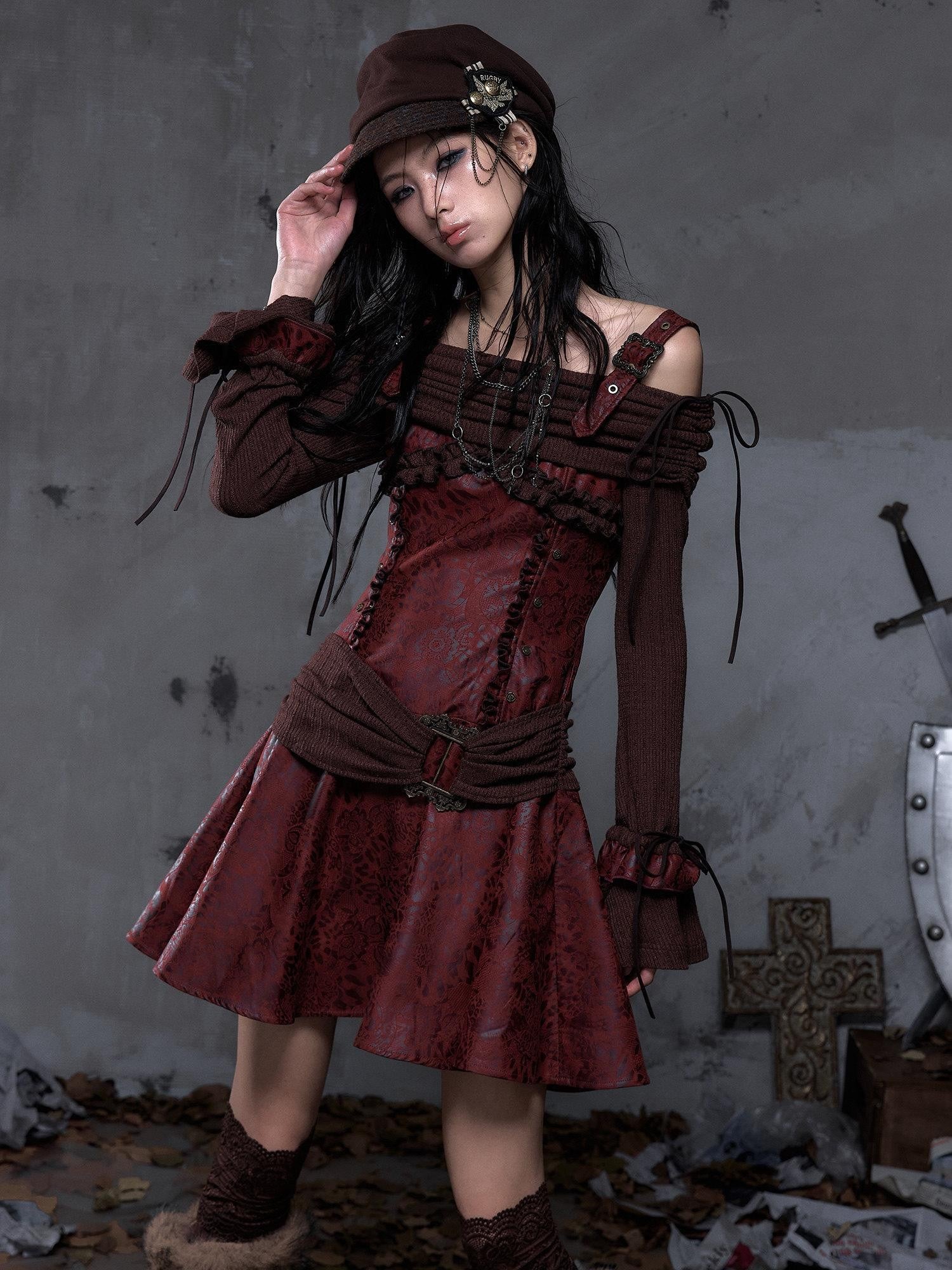 NO ROMANCE Punk Leather Trim One Shoulder Long Sleeve Aline Women'S Knit Mini Dresses