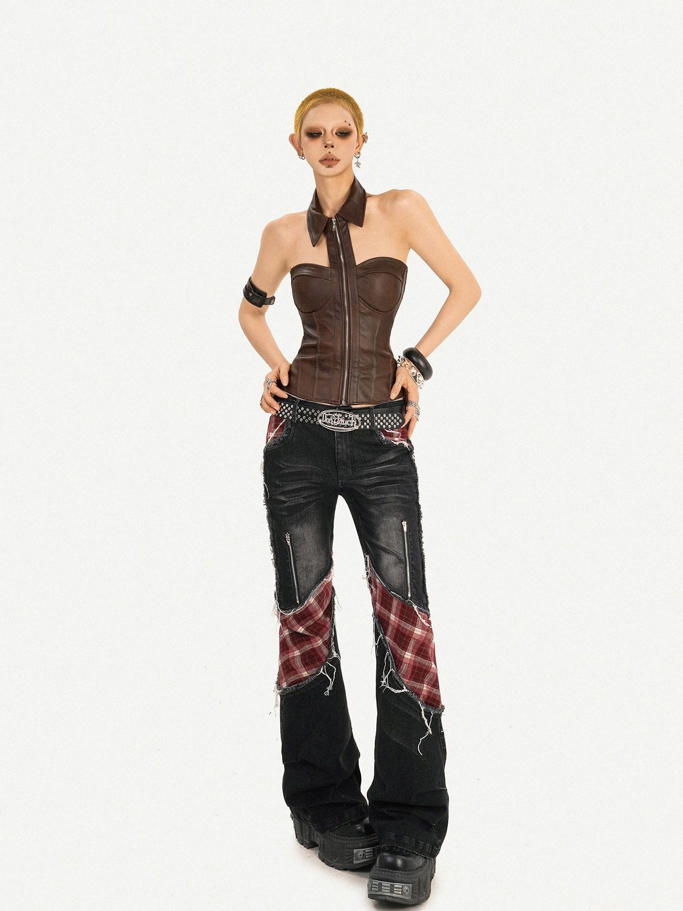 Nico Molly Pu Faux Leather Padded Zipper Crop Sexy Halter Collar Slim Women Camisoles