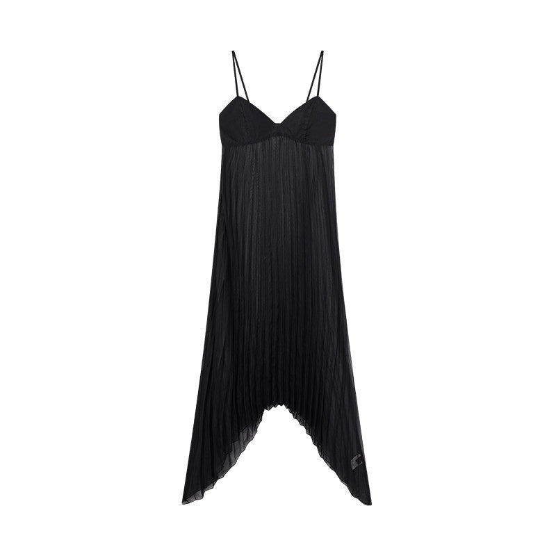ZERO_Soft_Pleated_Street_A_Line_Cami_Strap_V-neck_Women_Polyester_Black_Midi_Dresses_MISSTT