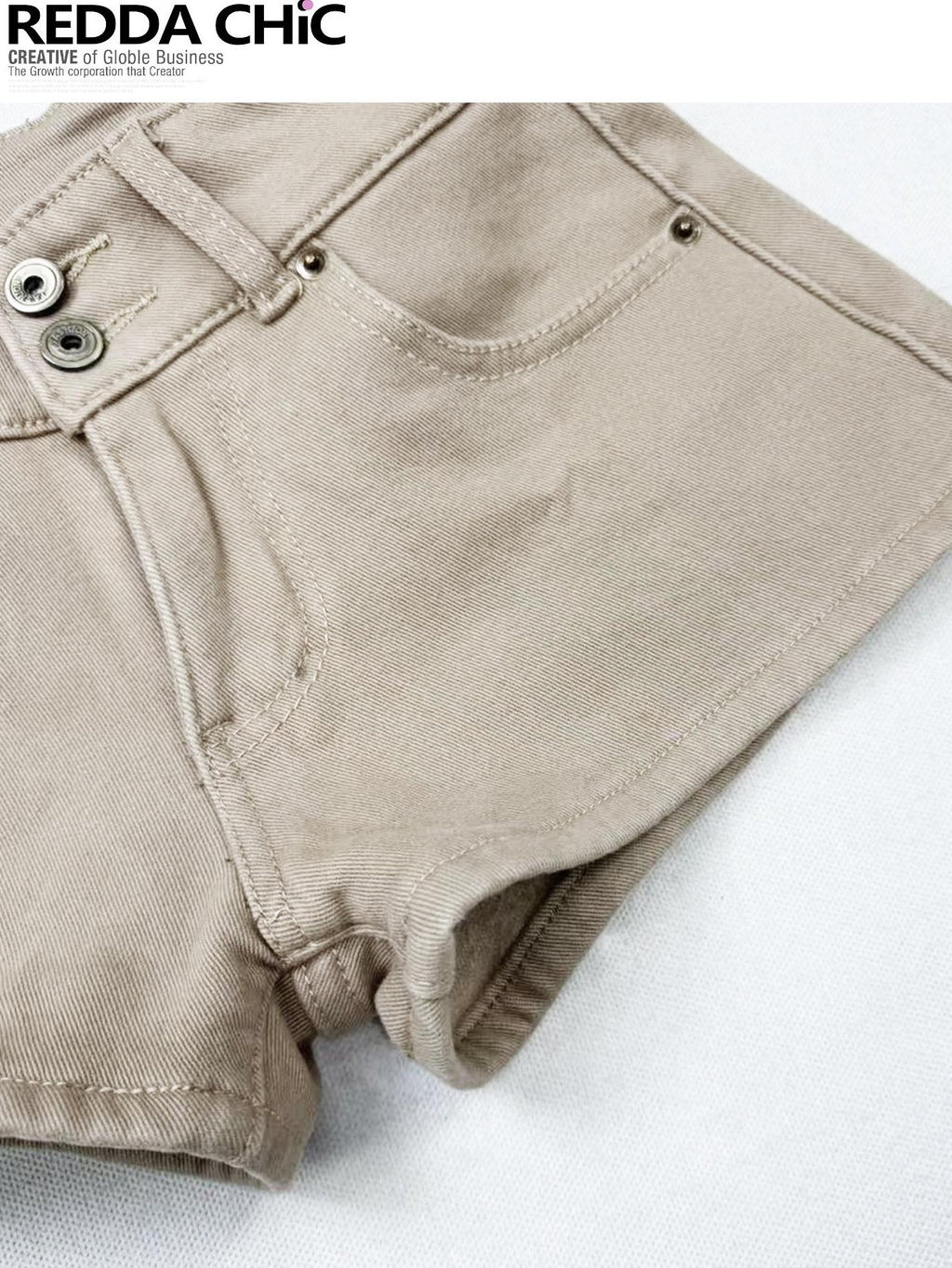 REDDACHIC Vintage Khaki Fleece Lined High Waist Slim Women'S Cotton Stretch Denim Shorts