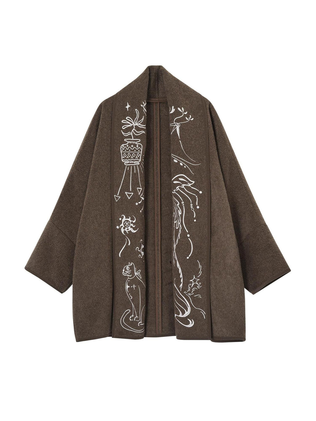 OfAkiva Embroidered Double Faced Wool Elegant Loose Fit Women Brown Short Coat