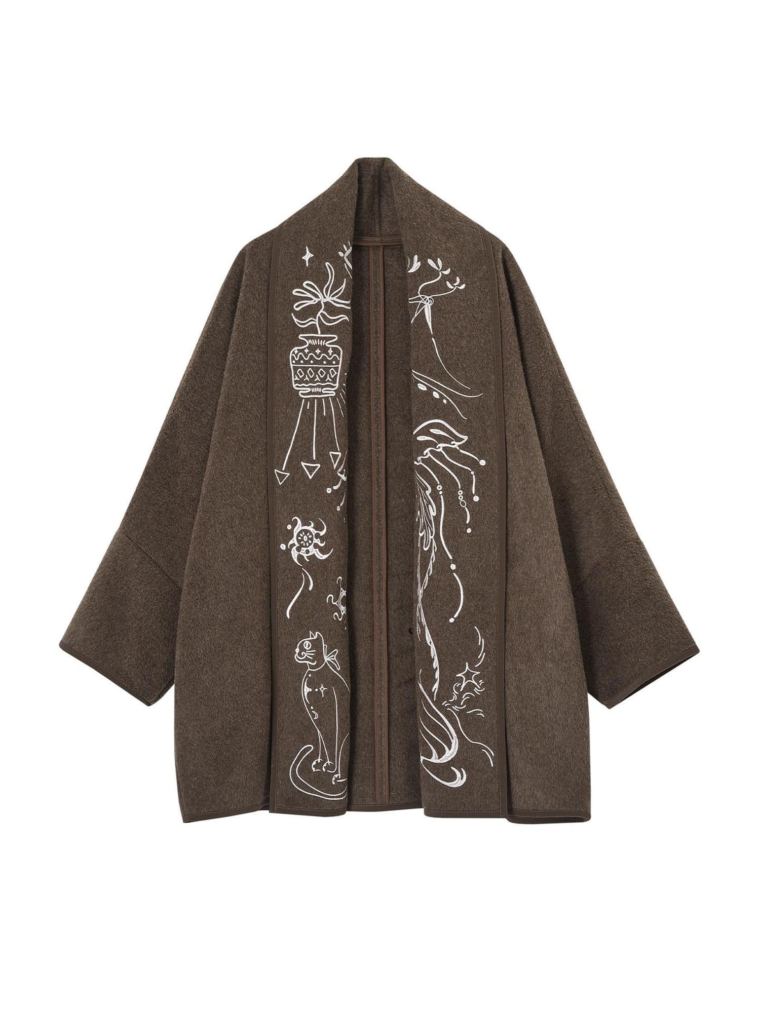 OfAkiva Embroidered Double Faced Wool Elegant Loose Fit Women Brown Short Coat