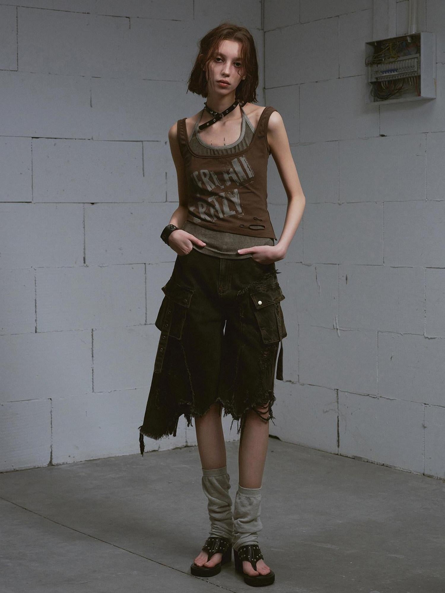 Cest Nous Distressed Print Punk Slim Halter Female Cotton Blend Brown Gray Tanktops