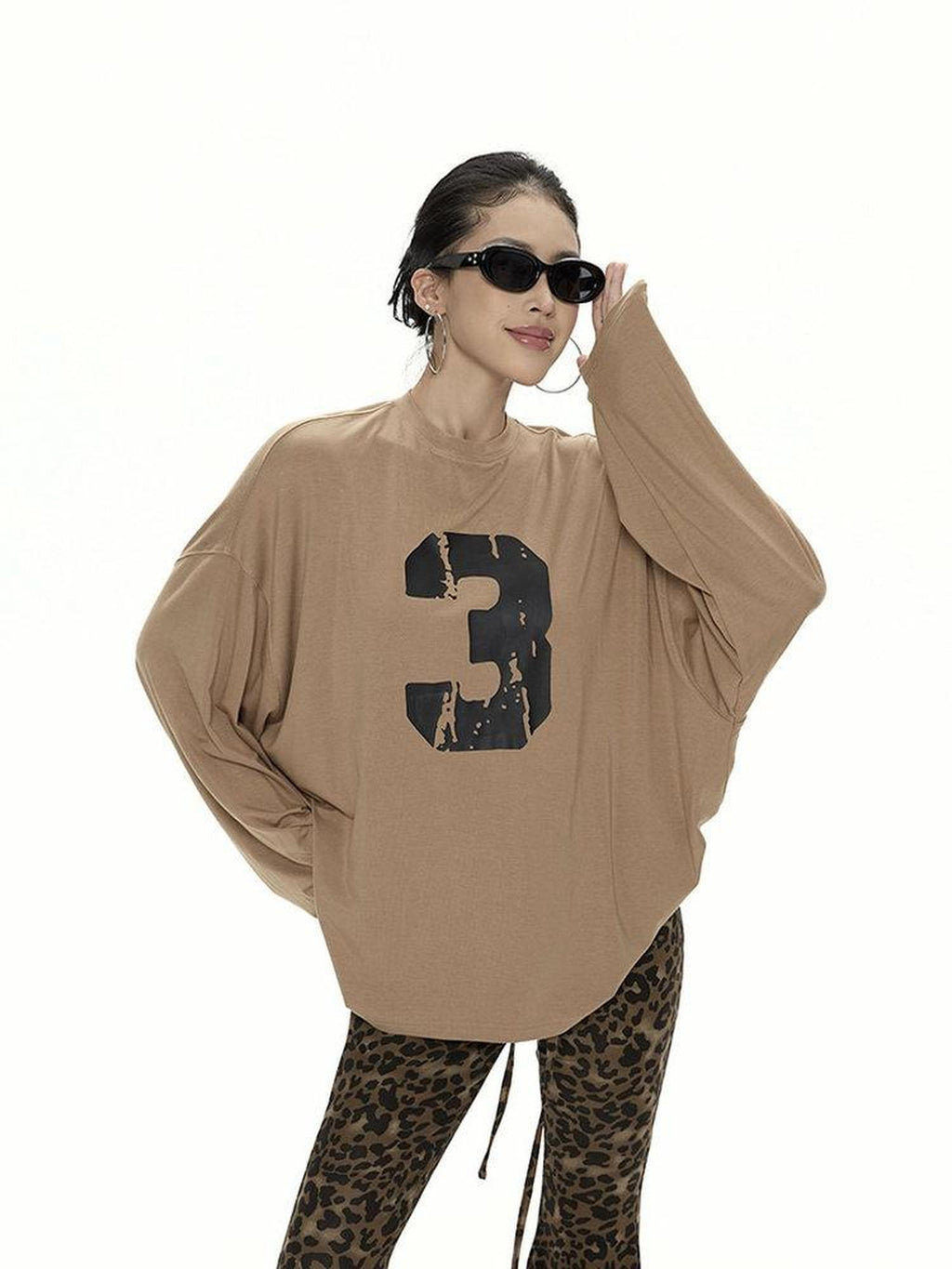ZERO Viscose Knit Loose Midlength Number Print Round Neck Unisex Long Sleeve T-Shirts