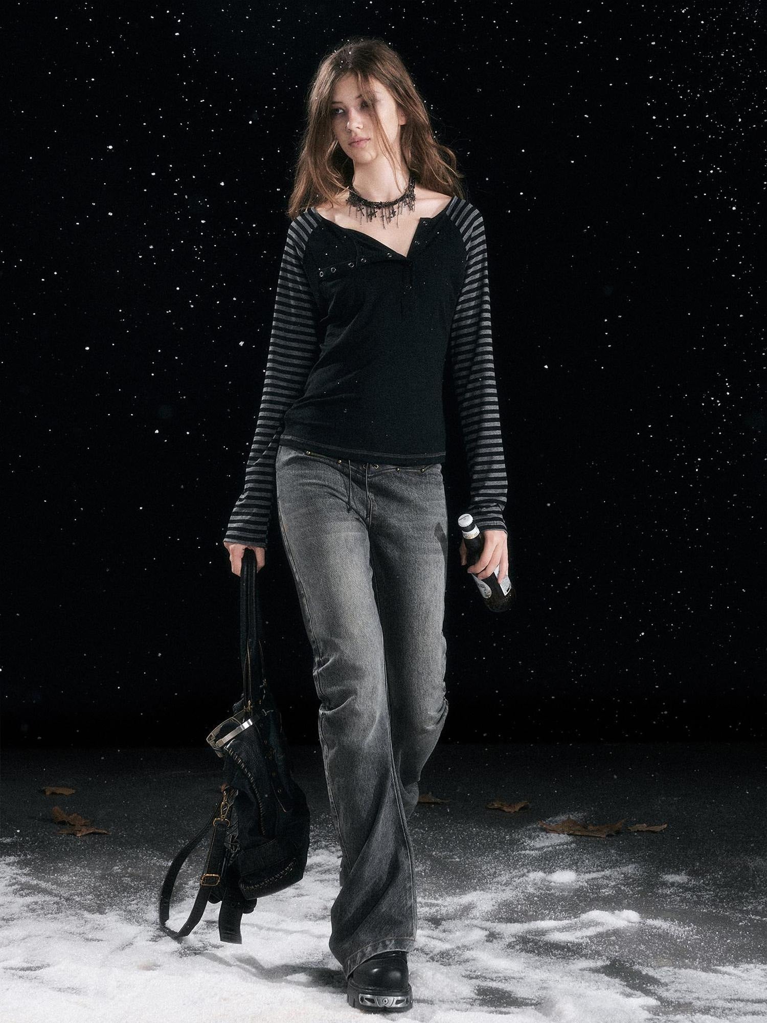 Cest Nous Vintage Patchwork Natural Waist Women Daily Washed Black Cotton No Stretch Jeans