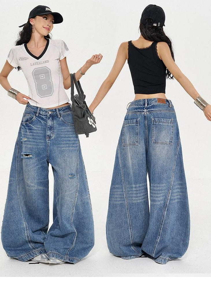ZERO Distressed Low Rise Loose Fit Casual Vintage Blue Denim Wide Leg Jeans