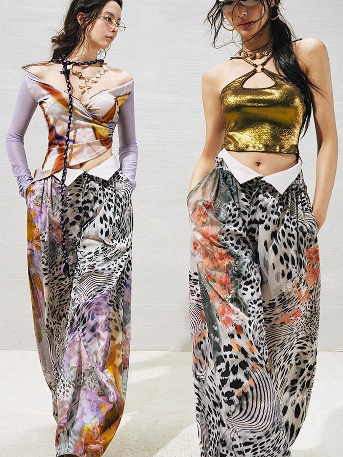 OfAkiva High Waist Leopard Print Cuffed Minimal Women Light Stretch Wide Leg Pants