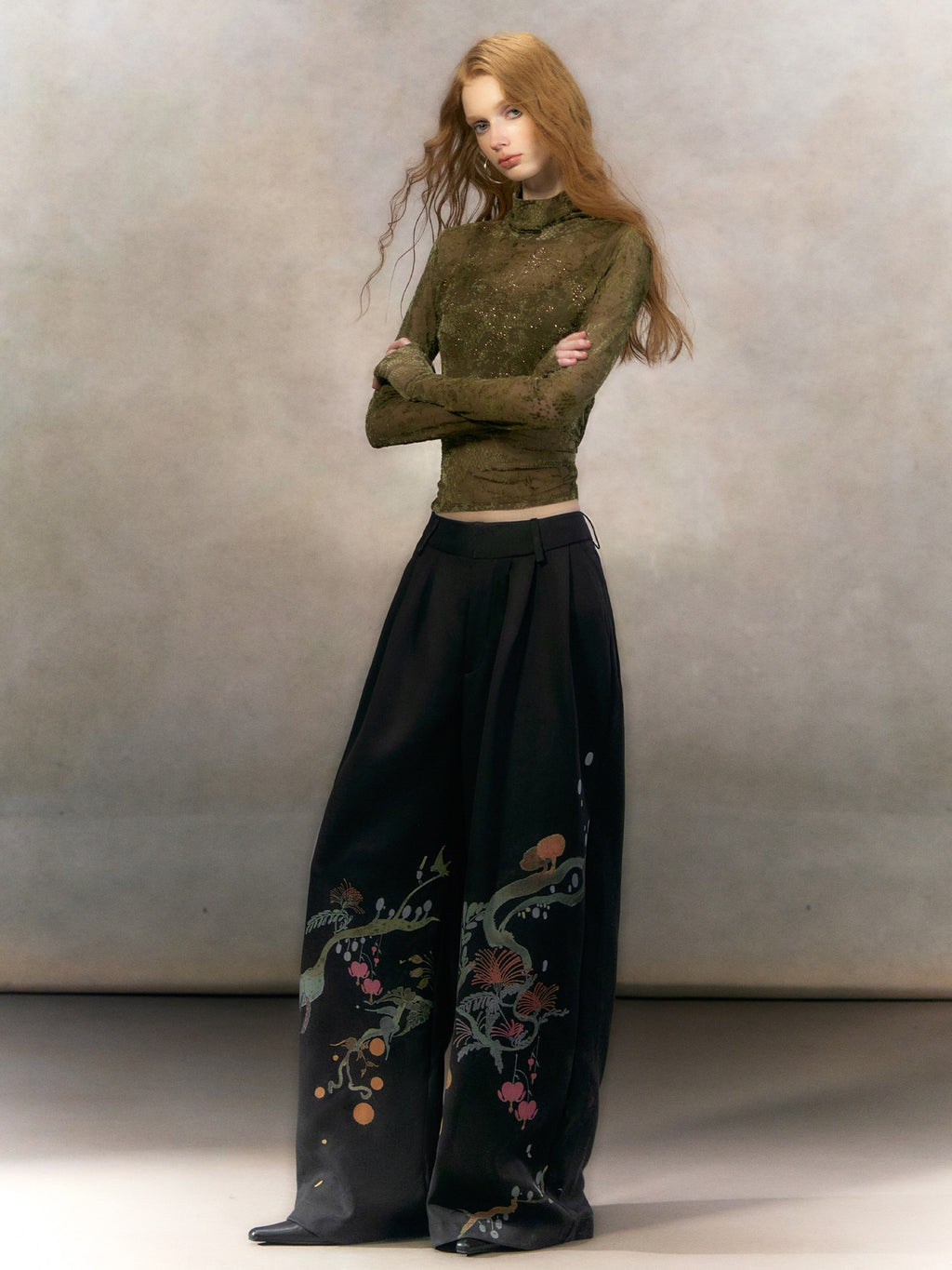 OfAkiva High Waist Floral Print Casual Straight Zipper Fly Women Black Wide Leg Pants