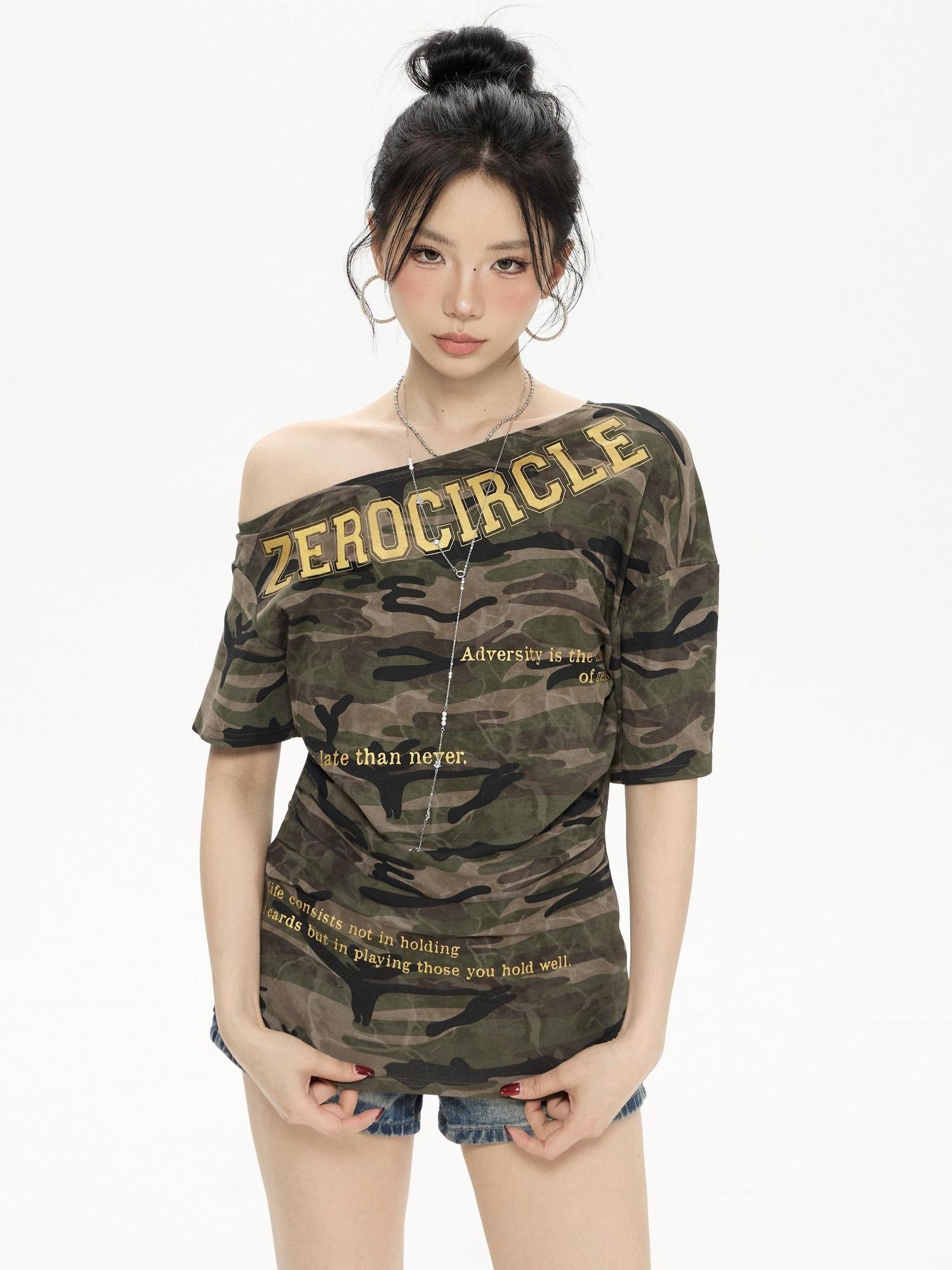 ZERO Viscose Printed Casual Loose Fit Asymmetric Neck Midlength Short Sleeve T-Shirts