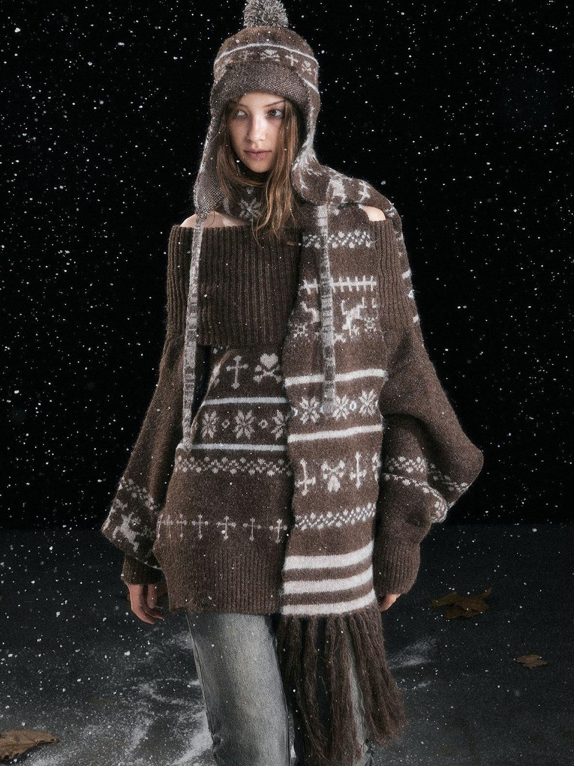 Cest Nous Cozy Striped Knitted Wool Earflap Casual Youth Women One Size Brown Beanies