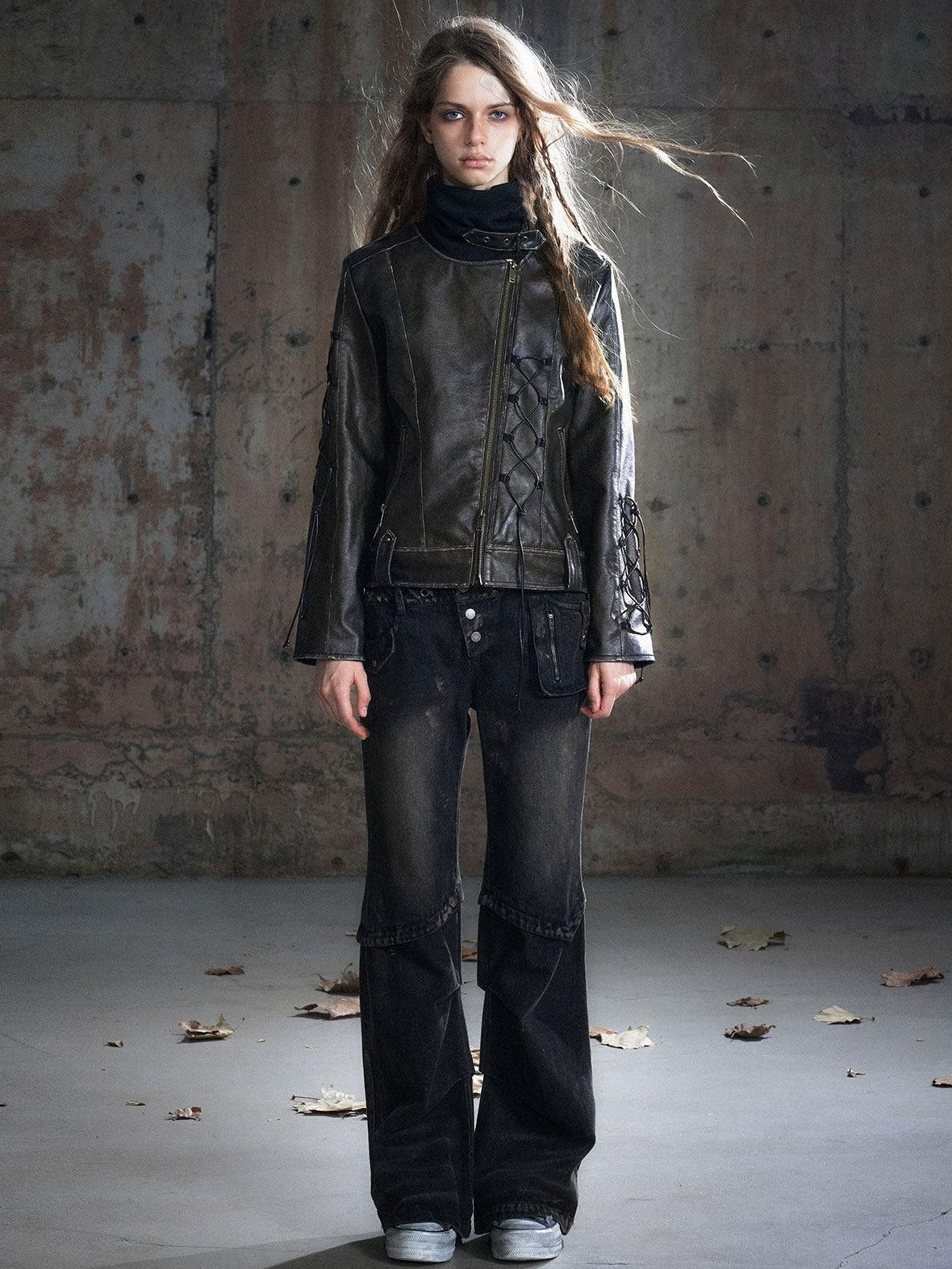 Cest Nous Patchwork Punk Low Waist Asymmetric Women Washed Black Cotton Straightlegjeans