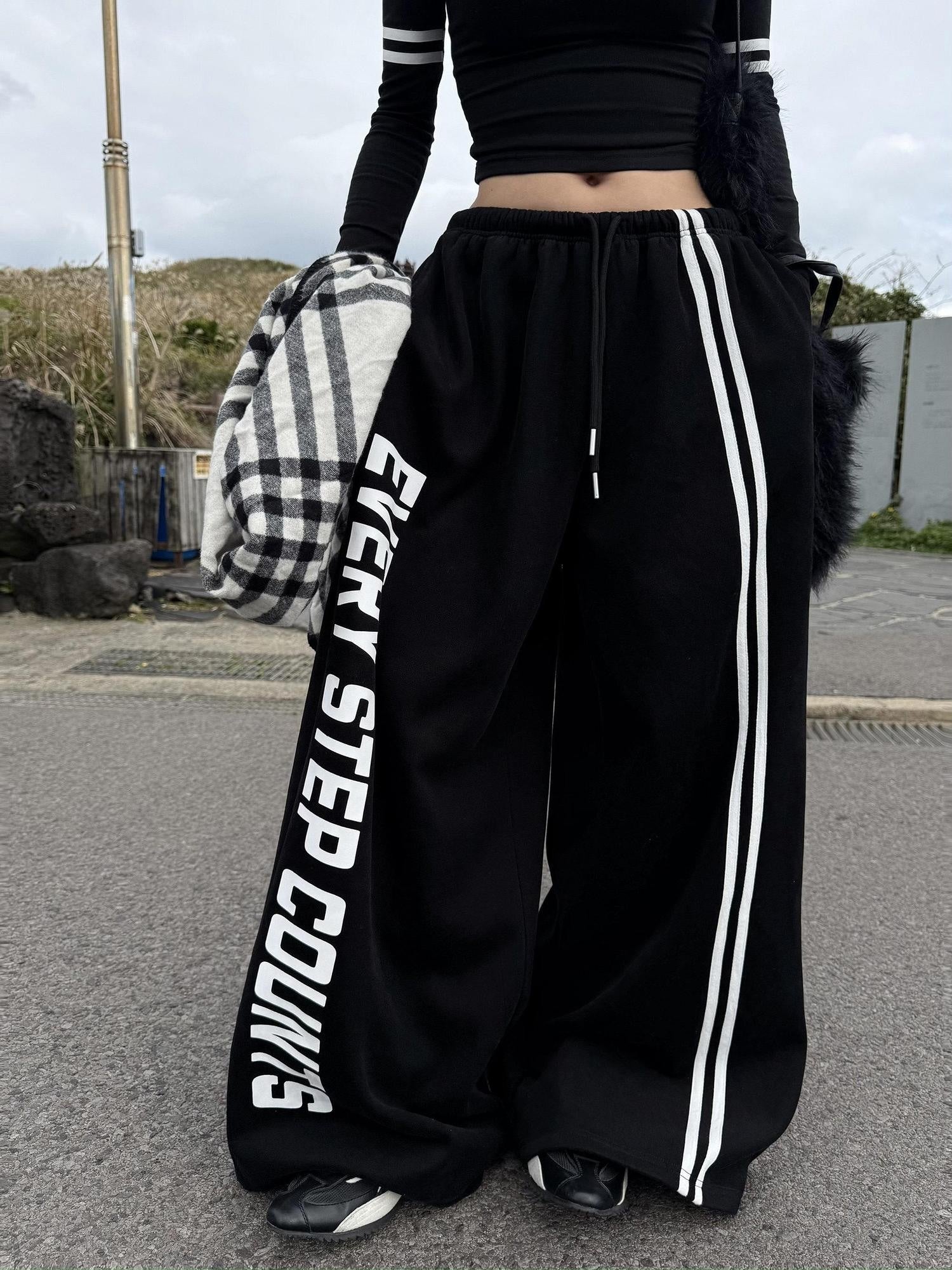 ZERO Sporty Printed Knit Natural Waist Elastic Waistband Women Wide Leg Pants