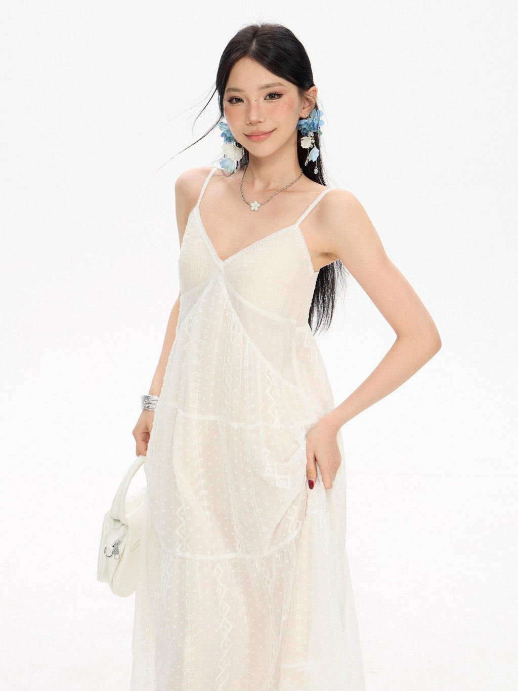 ZERO Sweet Spaghetti Strap V-neck Panel A Line Casual Polyester Maxi Dresses