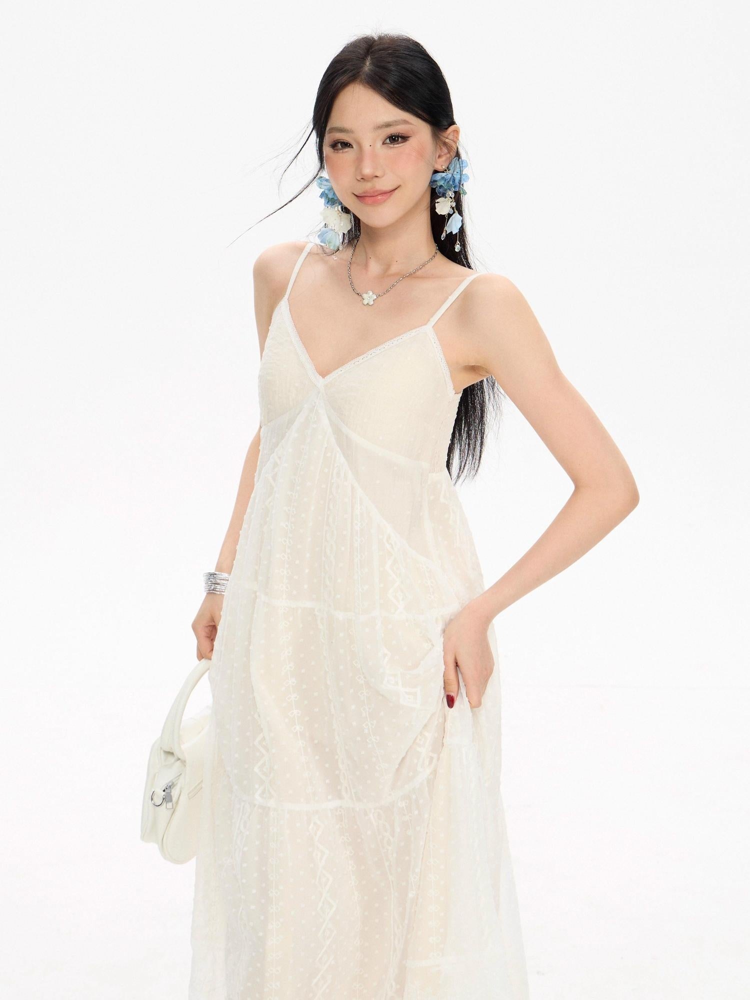 ZERO Sweet Spaghetti Strap V-neck Panel A Line Casual Polyester Maxi Dresses