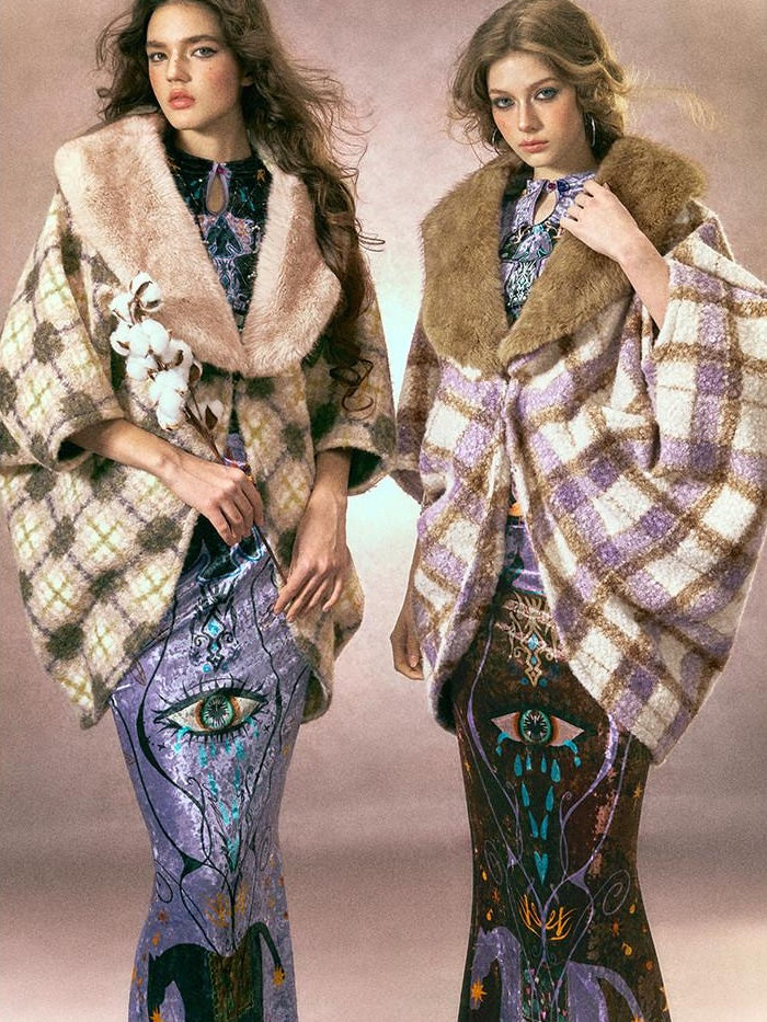 OfAkiva Cozy Thick Vintage Cape Silhouette V-neck Mid Length Plaid Women Jackets