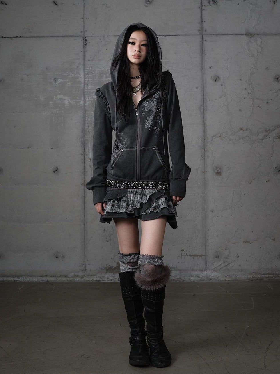 NO ROMANCE Deep Gray Y2K Printed Lace Detachable Hood Sweatshirt Women'S Mini Dresses