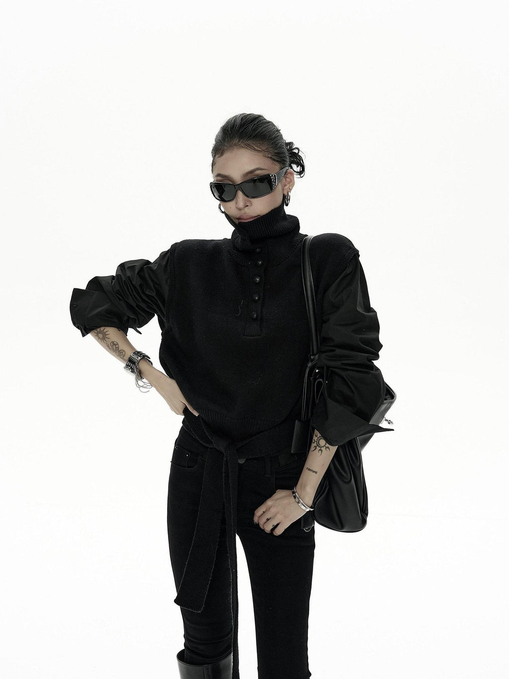 ZERO Soft Nylon Pullover Faux Two Piece Work Long Sleeve Women Knitwear