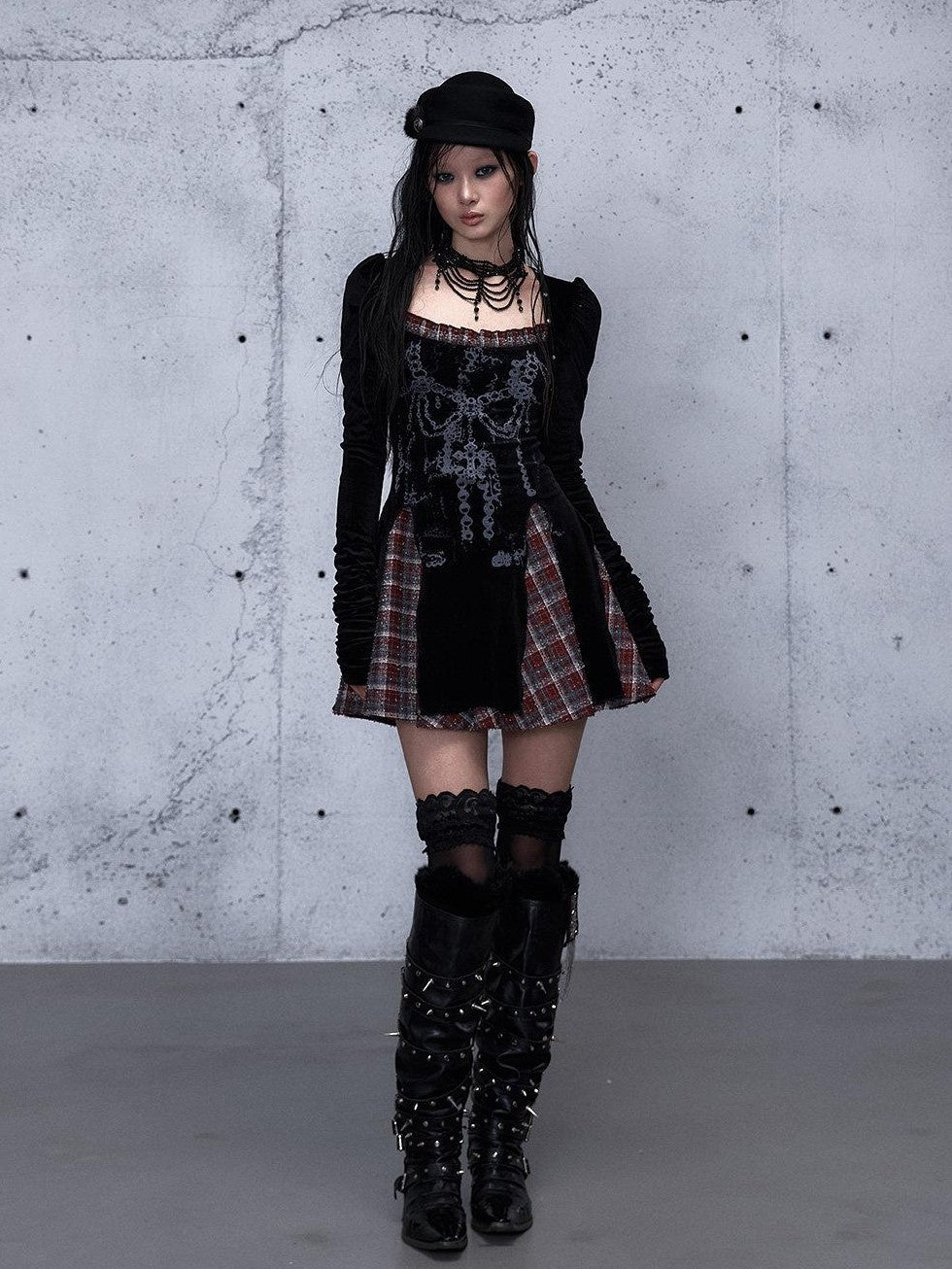 NO ROMANCE Baroque Plaid Polka Dot Square Neck Puff Sleeve Women'S Velvet Mini Dresses