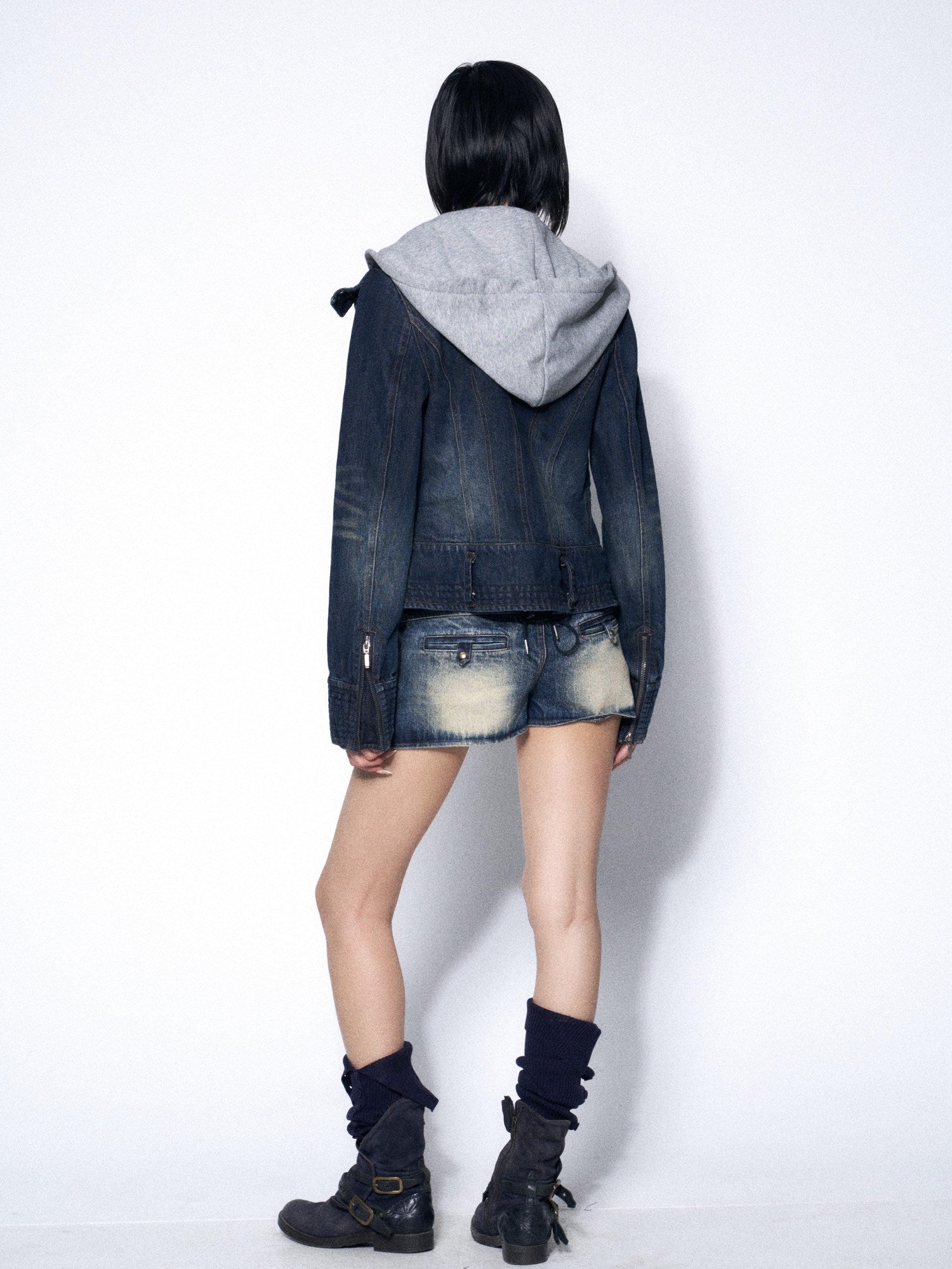 OPEN AESTHETIC Slimming Original Slim Fit Faux Layered Zip Hooded Women Denim Hoodies