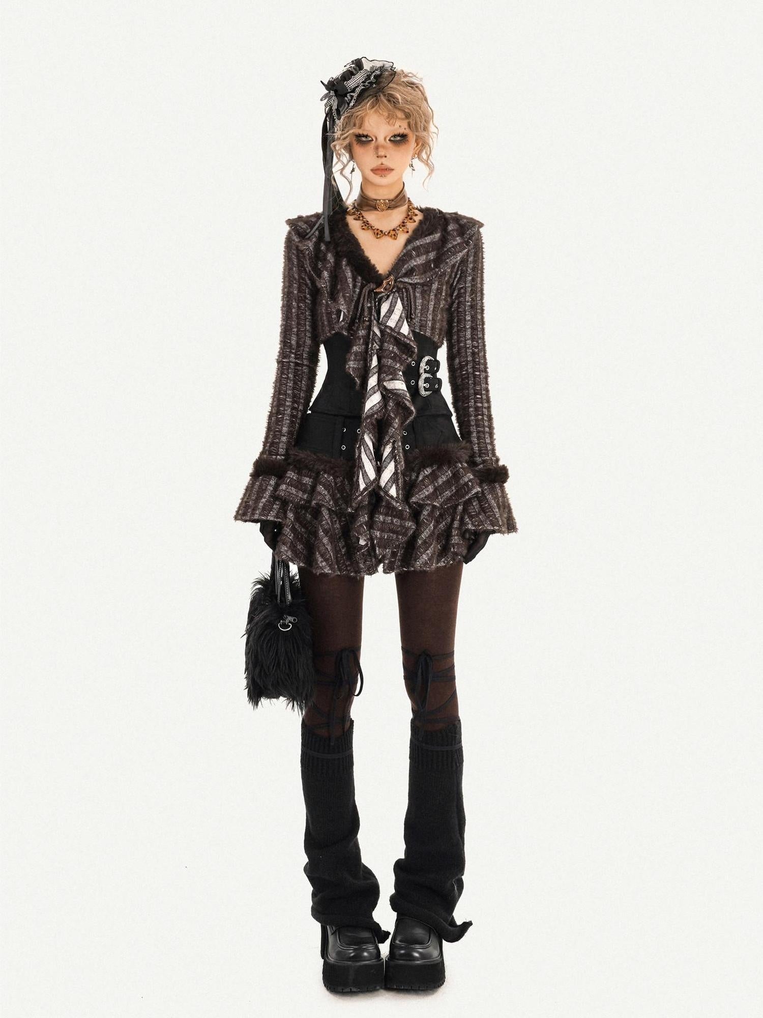 Nico Molly Colorfast Slim Cinched Patchwork V-neck Striped Knit Women Top & Skirt Sets