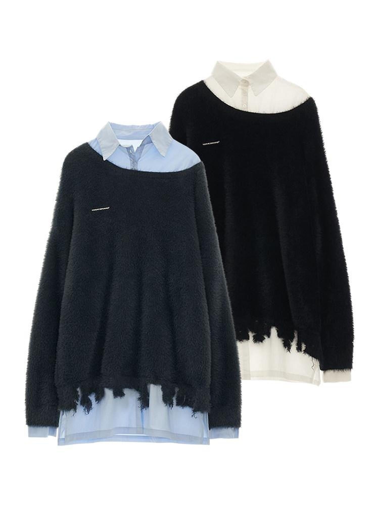 MAMC Cozy Nylon Blend Loose Fit Minimalist Work Layered Look Black Gray Sweaters