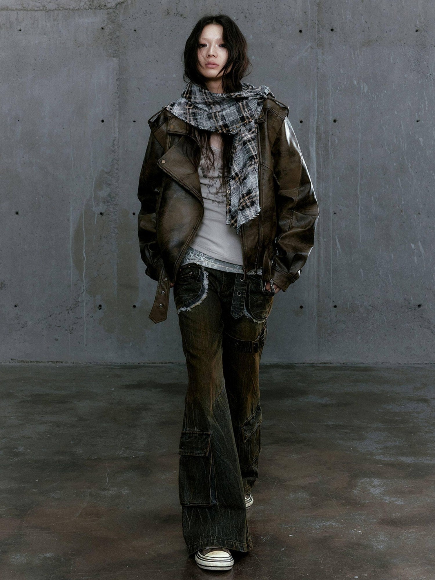 Cest Nous Washed Pu Leather Zipper Loose Fit Street Youth Black Brown Bomberjackets
