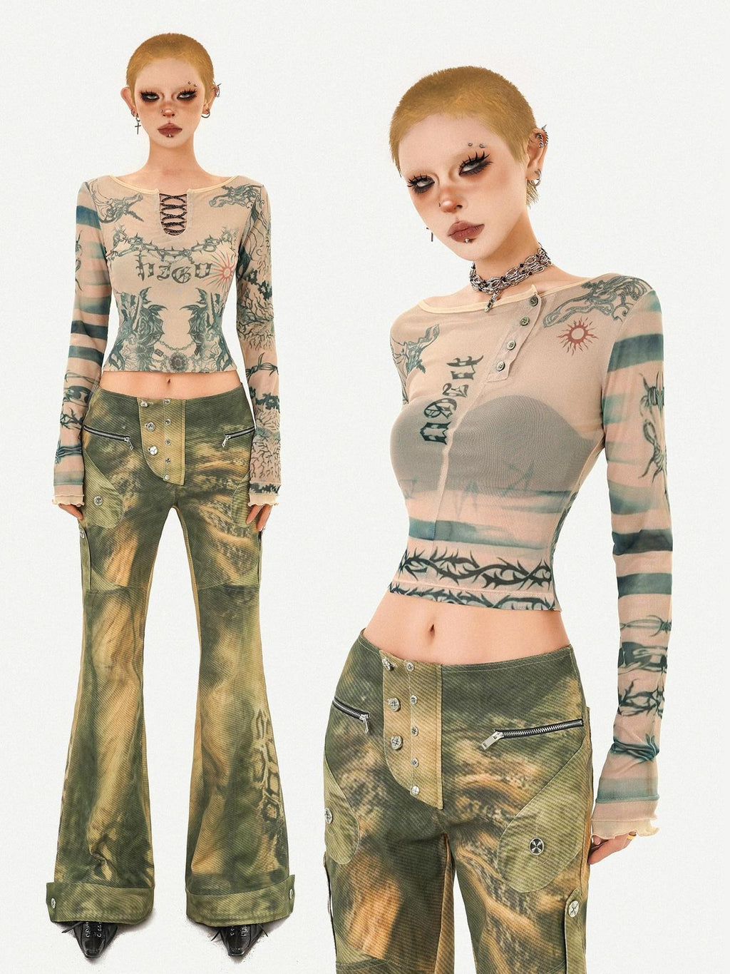 Nico Molly Vintage Tie Dye Floral Mesh Slim Fit Crew Neck Women Long Sleeve Crop Tops