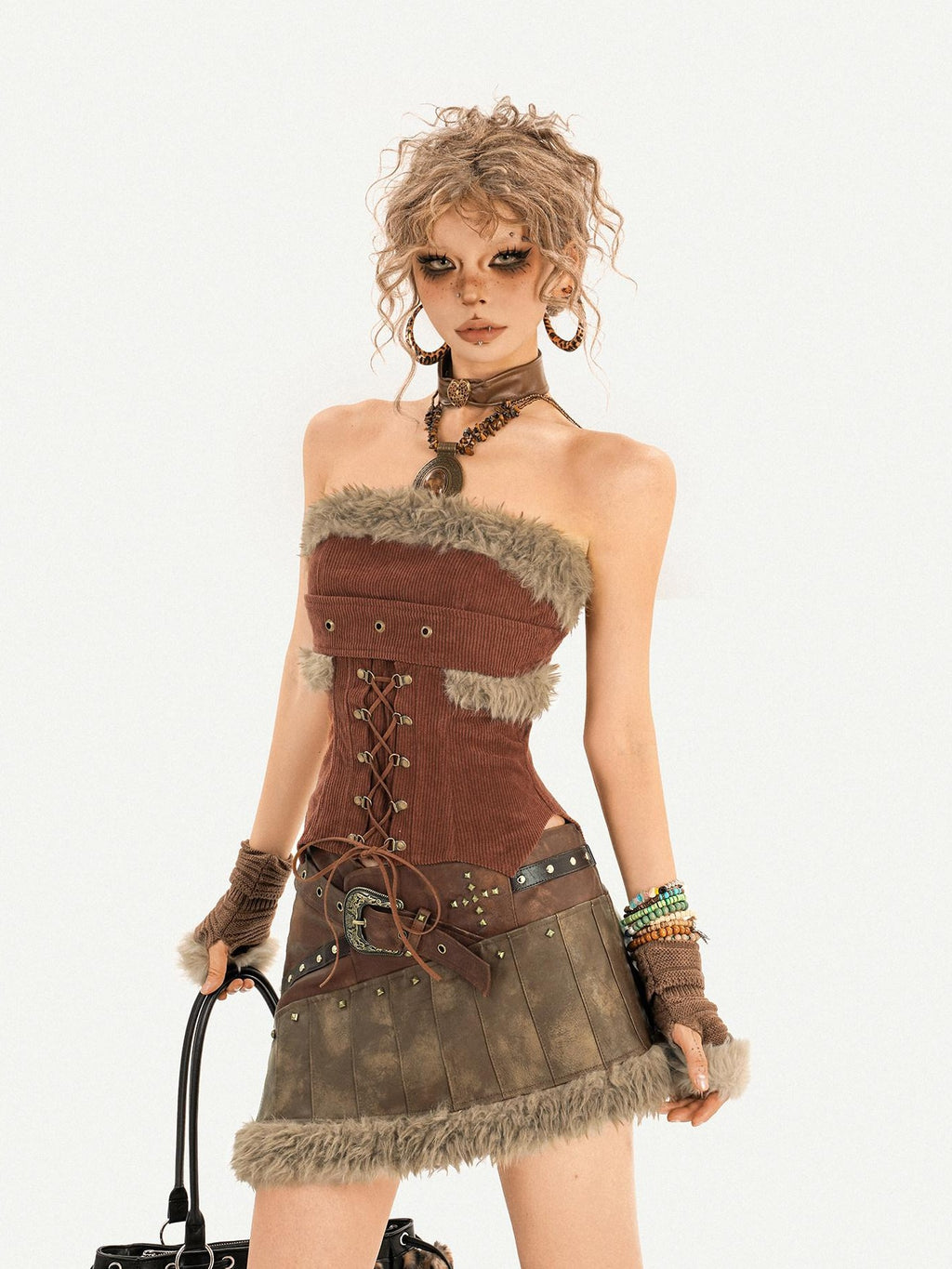 Nico Molly Beaded Vintage Patchwork A Line Mid Waist Lined Brown Women Top & Skirt Sets