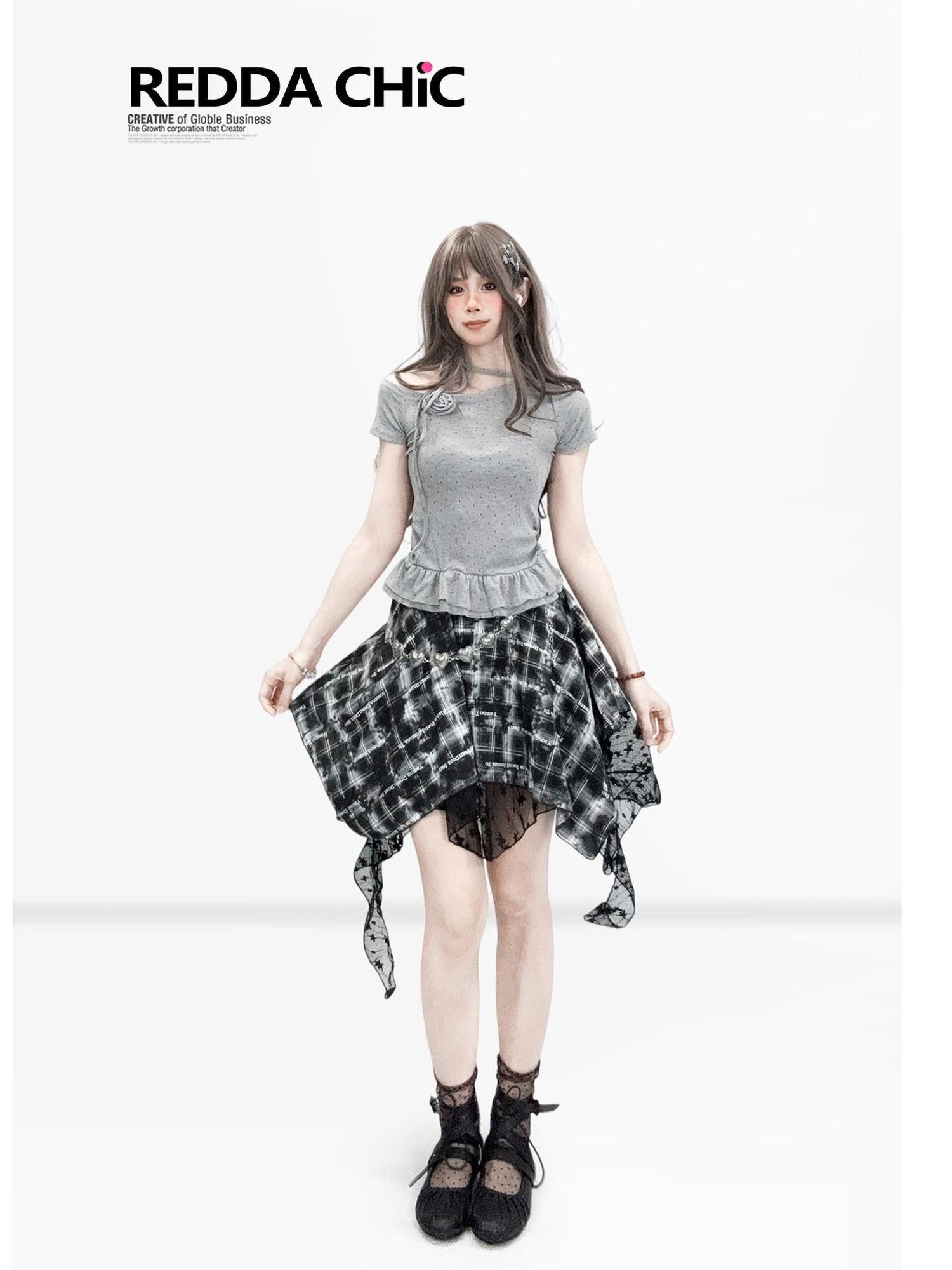 REDDACHIC Gray Polka Dot Slanted Shoulder Pleated Waist Tie Women'S Short Sleeve T-Shirts