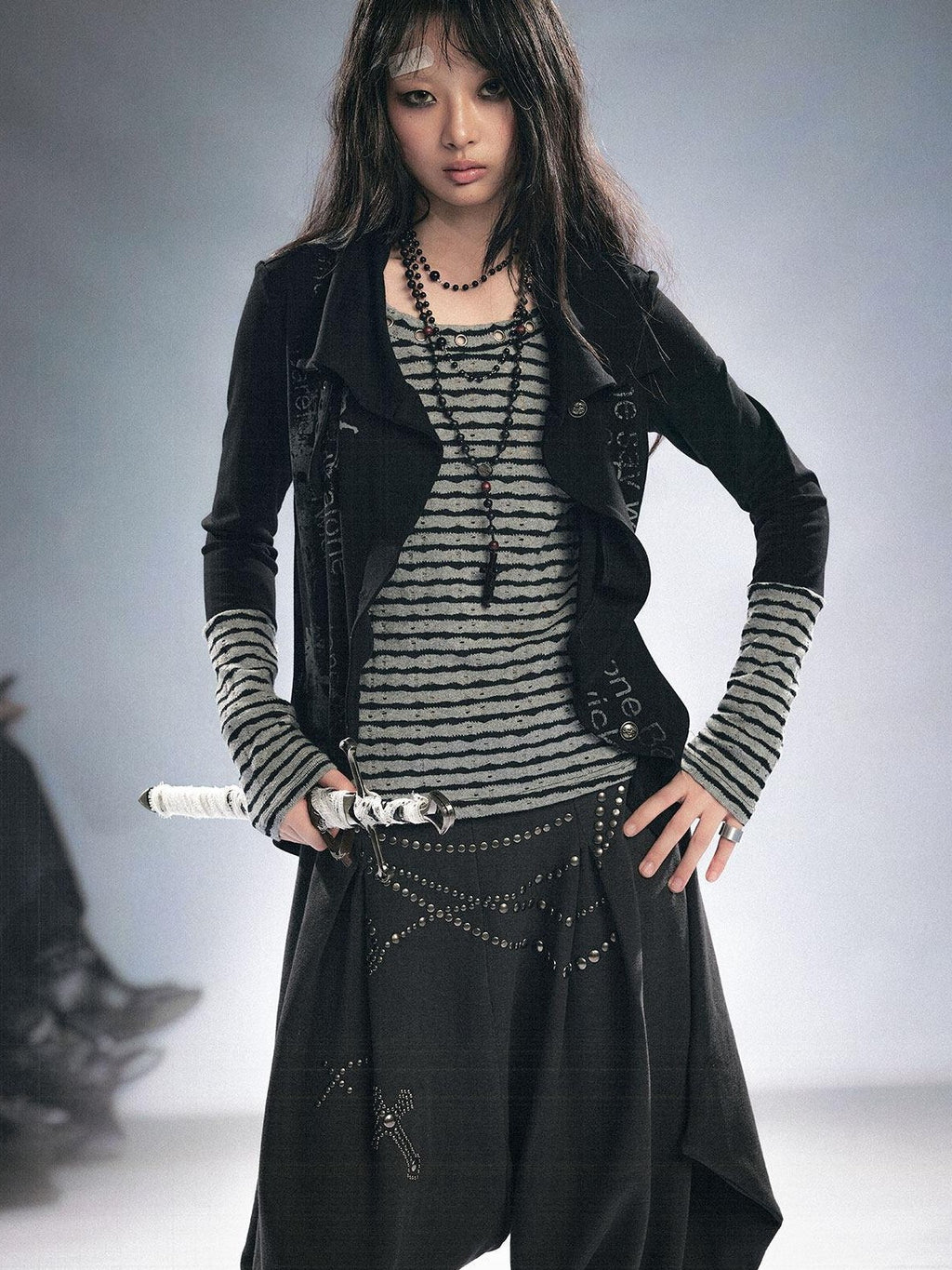 Cest Nous Stretch Cotton Punk Faux Layer Women Striped Pullover Black White Cardigans