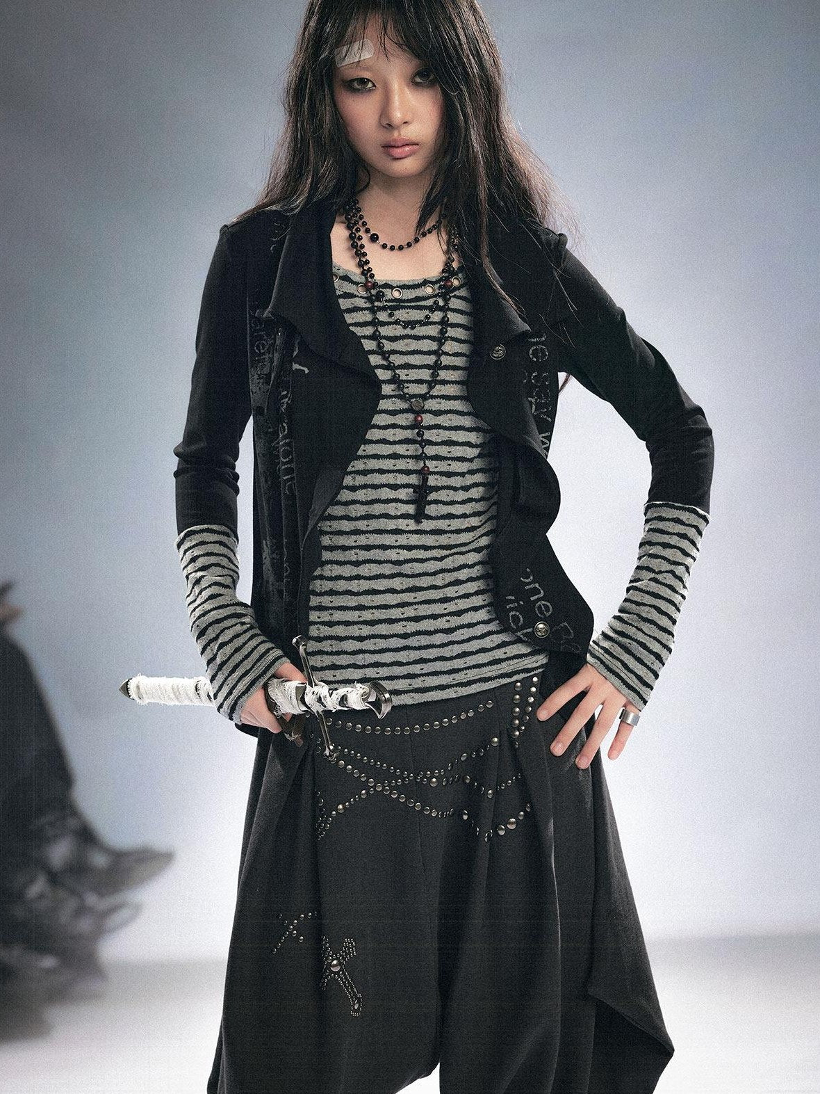 Cest Nous Stretch Cotton Punk Faux Layer Women Striped Pullover Black White Cardigans