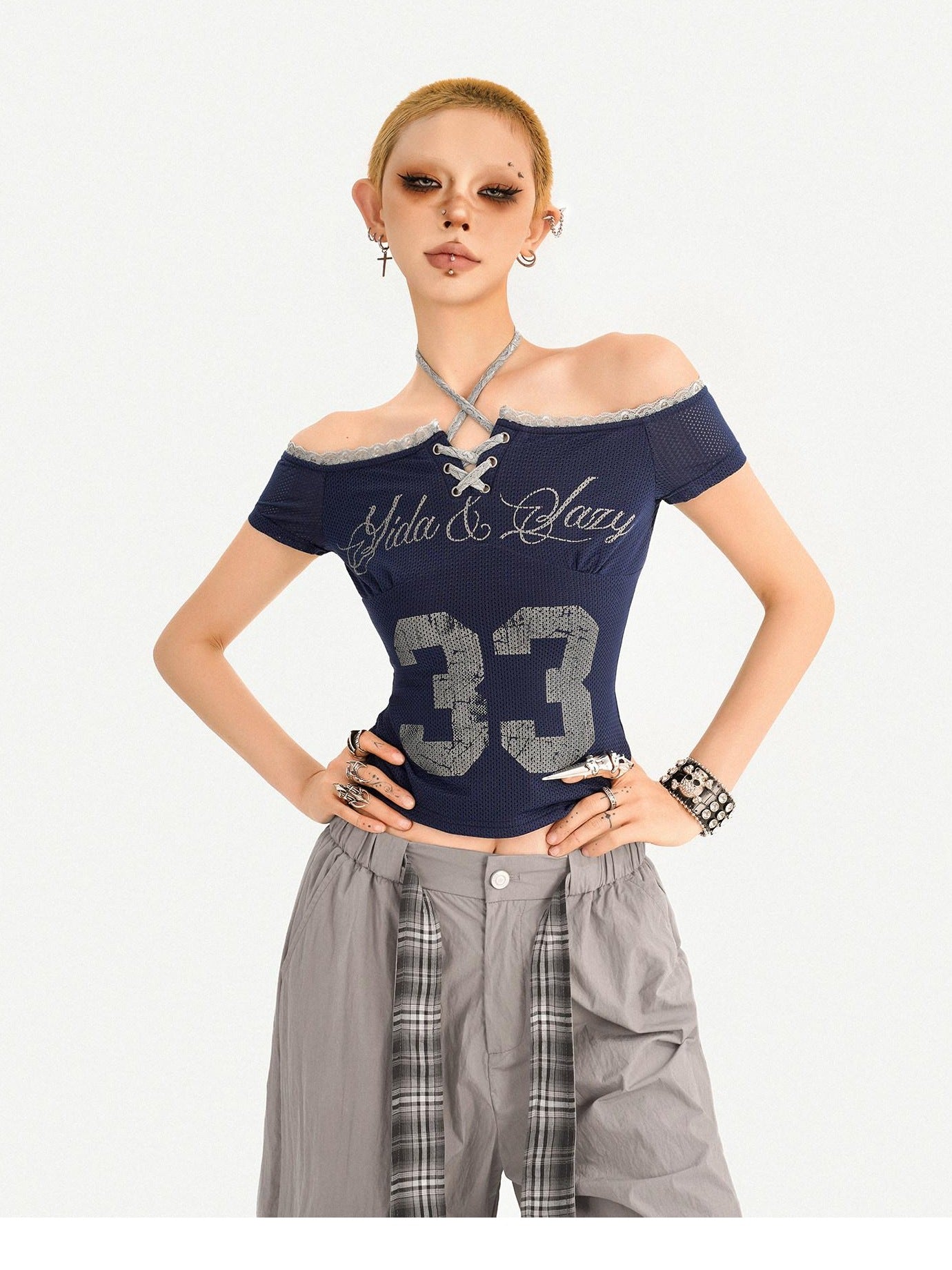 Nico Molly Sexy Slim Tie Front Women Letter Number Print Grey Off Shoulder Crop Tops