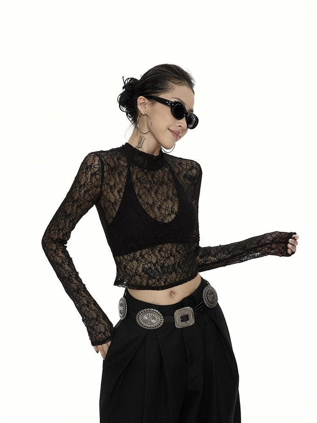 ZERO Lace Trim High Neck Casual Slim Fit Women Daily Black Knit Long Sleeve Crop Tops