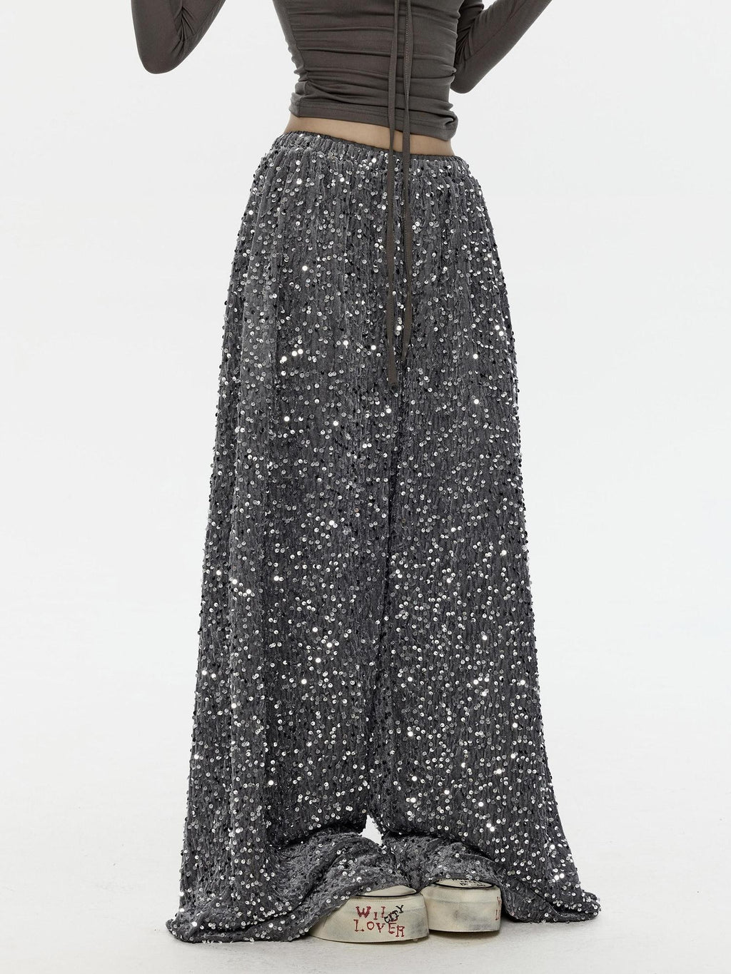 ZERO Sequin Casual Natural Waist Women Gray Polyester Stretch Wide Leg Pants